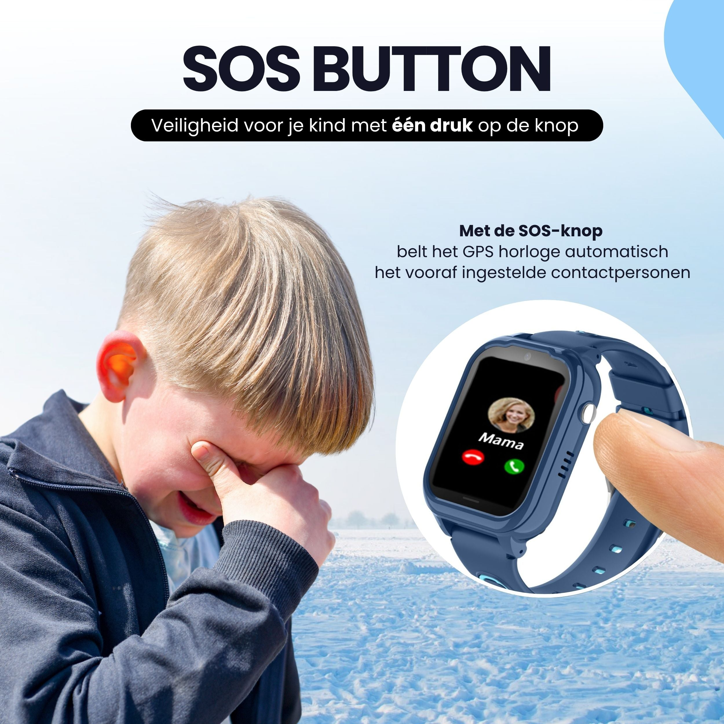 Jongen met SOS-horloge in de sneeuw. Kind huilt en drukt op horloge.