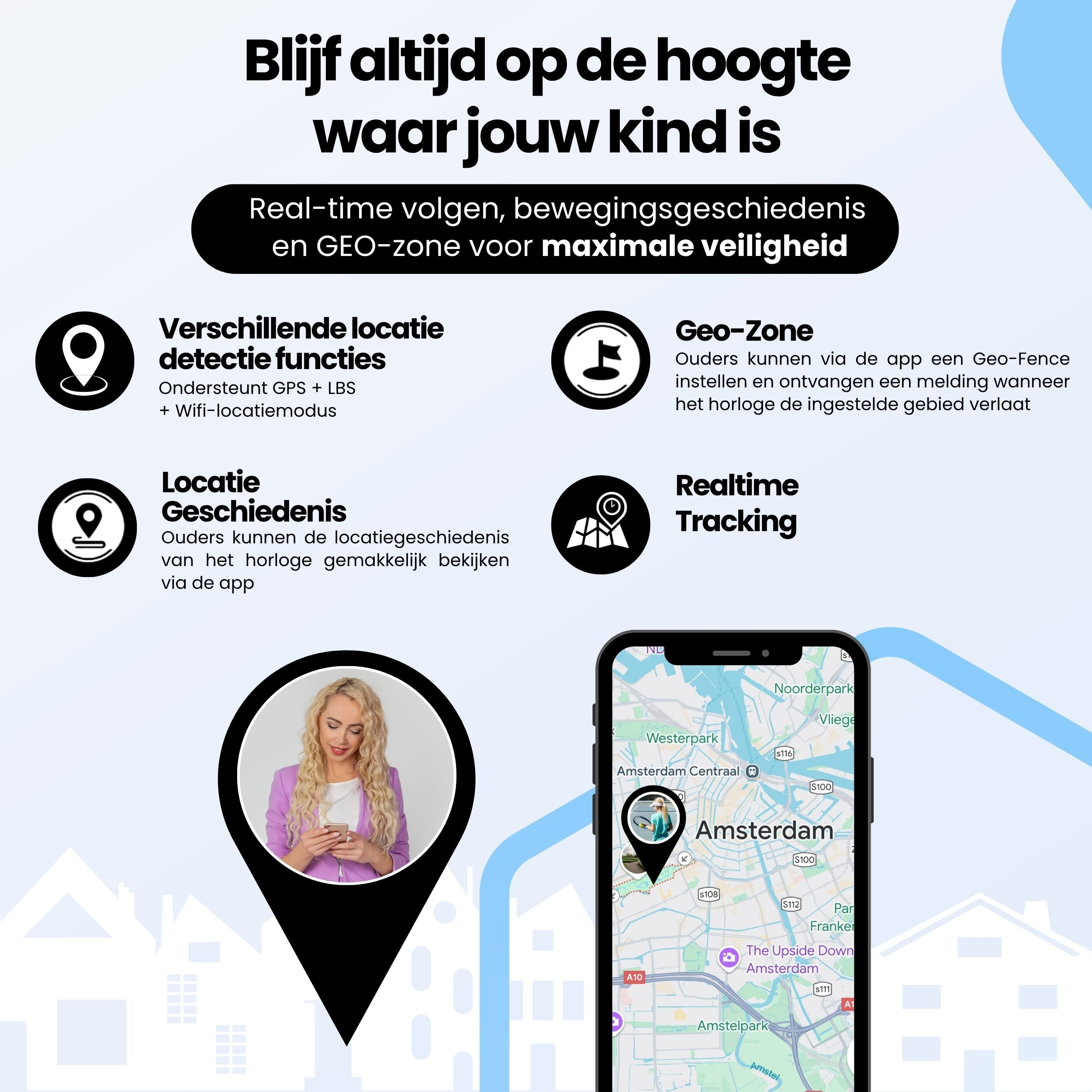 Weergave van locatie functies, een vrouw en een kaart van Amsterdam.