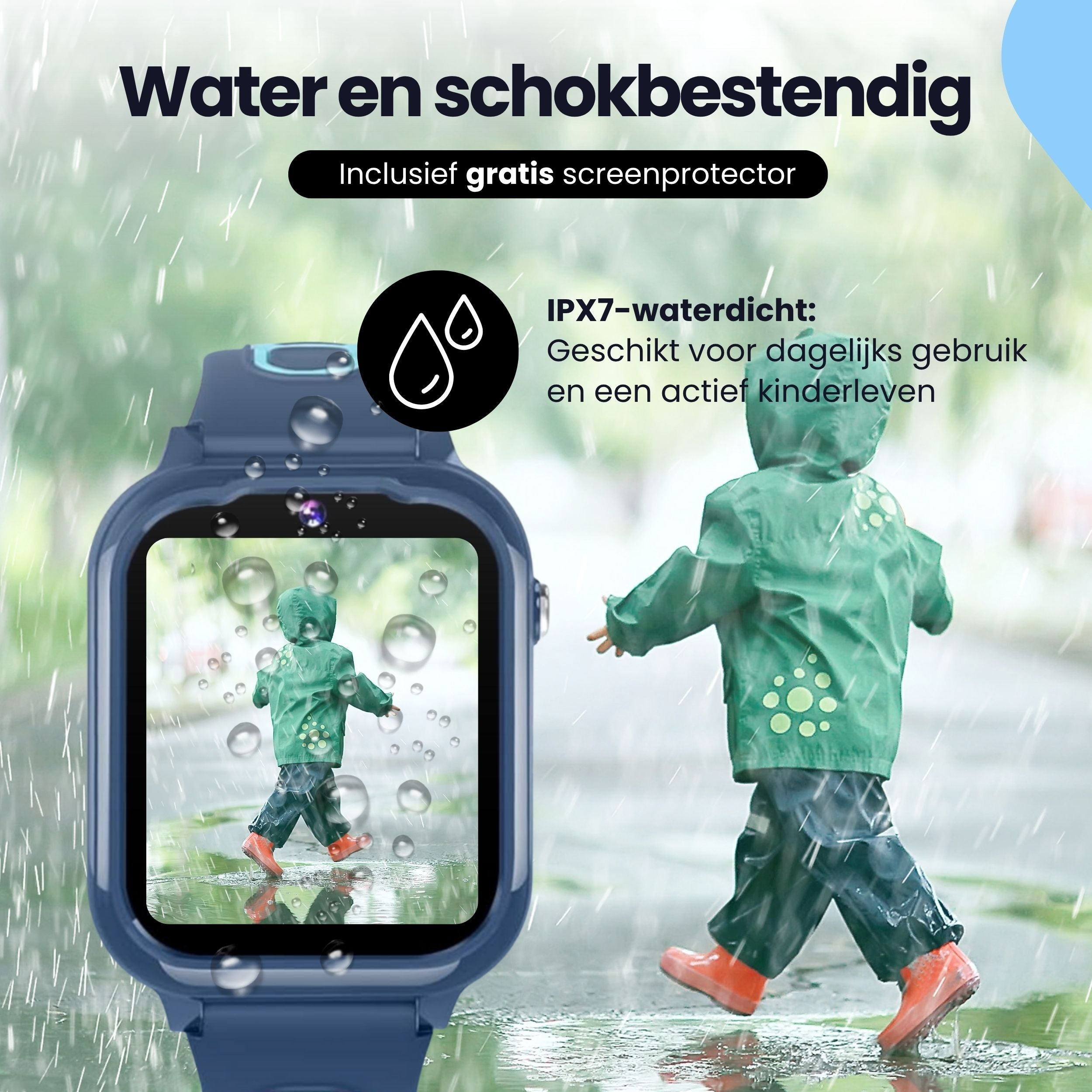 Een blauw smartwatch toont een kind in regenpak dat in de regen speelt.