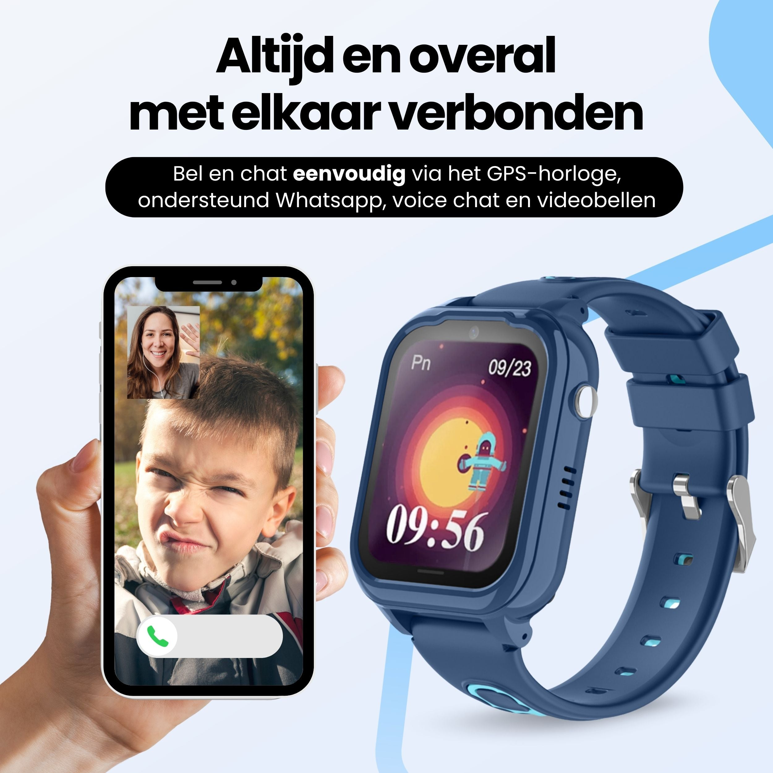 Een smartphone toont een videogesprek met een jongen en vrouw. Een blauw horloge staat ernaast.