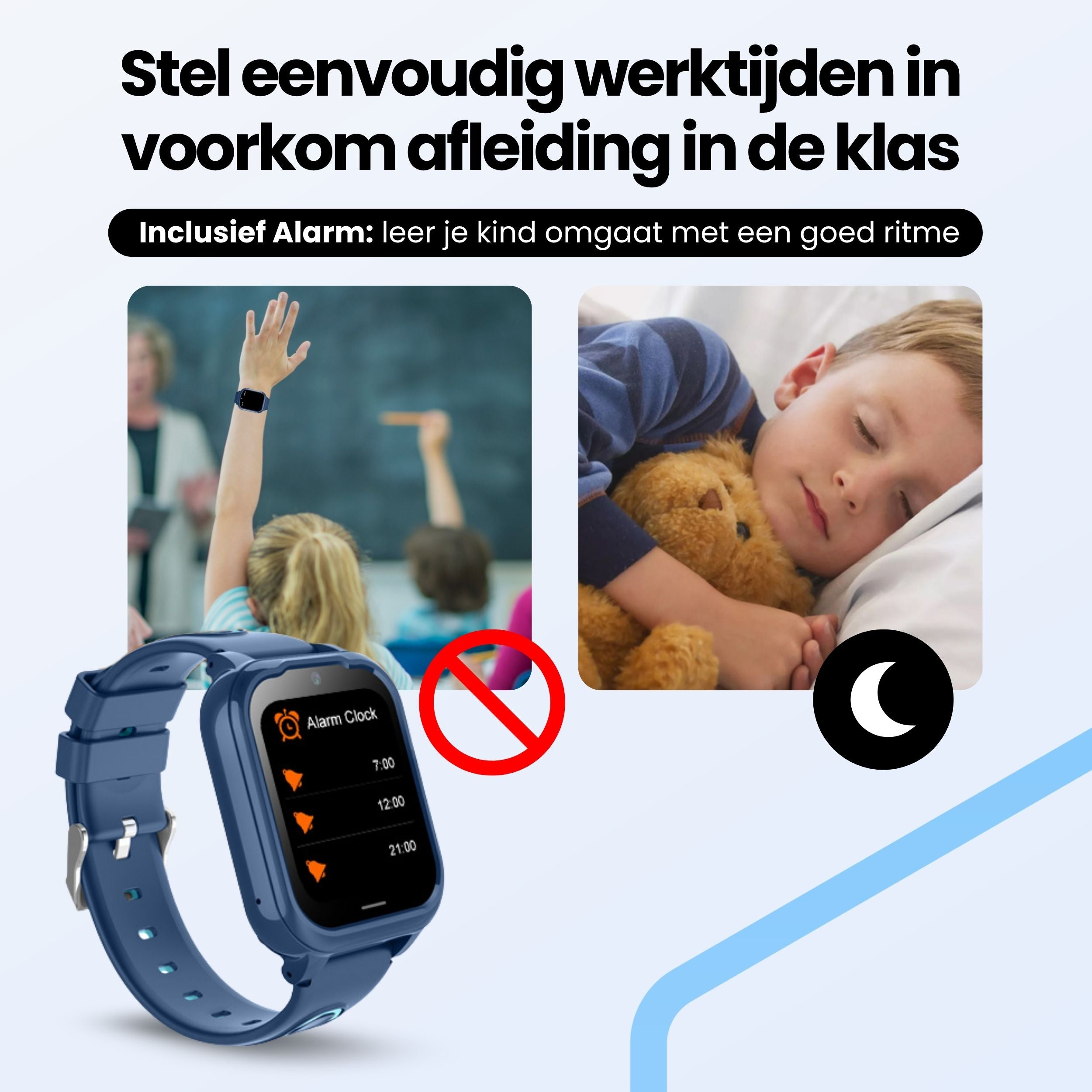 Blauw kinderhorloge met alarm naast slapend kind.