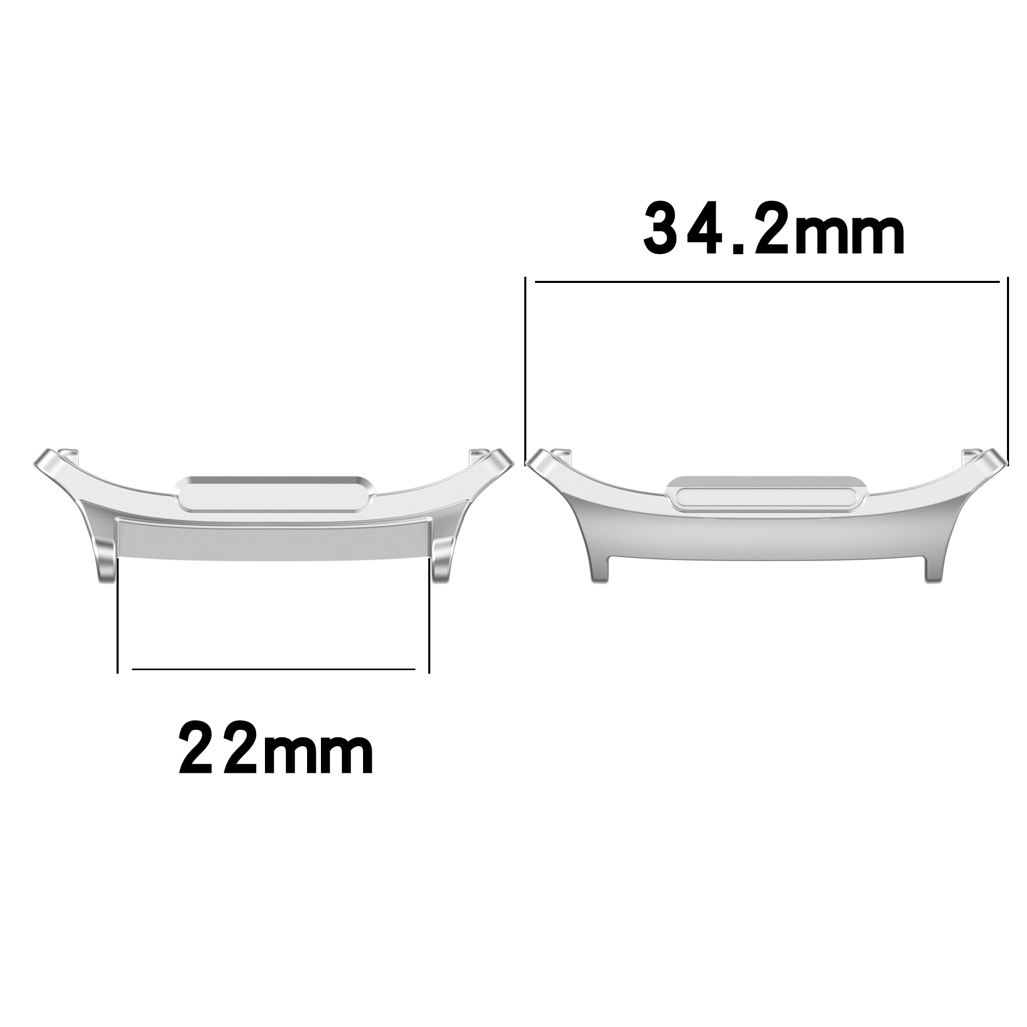 Zwei silberne Uhrenarmband-Adapter, 22mm und 34,2mm markiert.