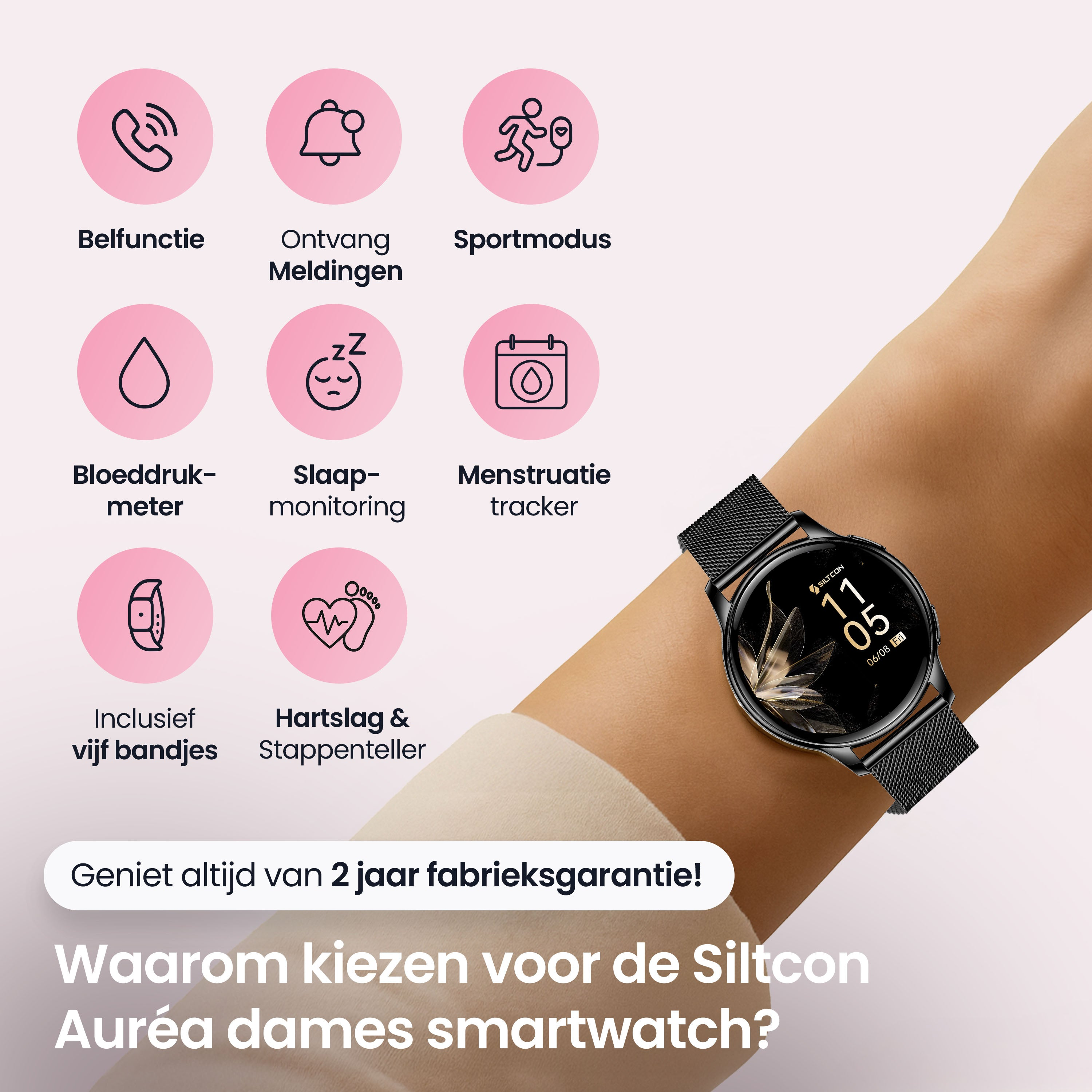 A woman wears a black smartwatch with a mesh band. Icons show functions.