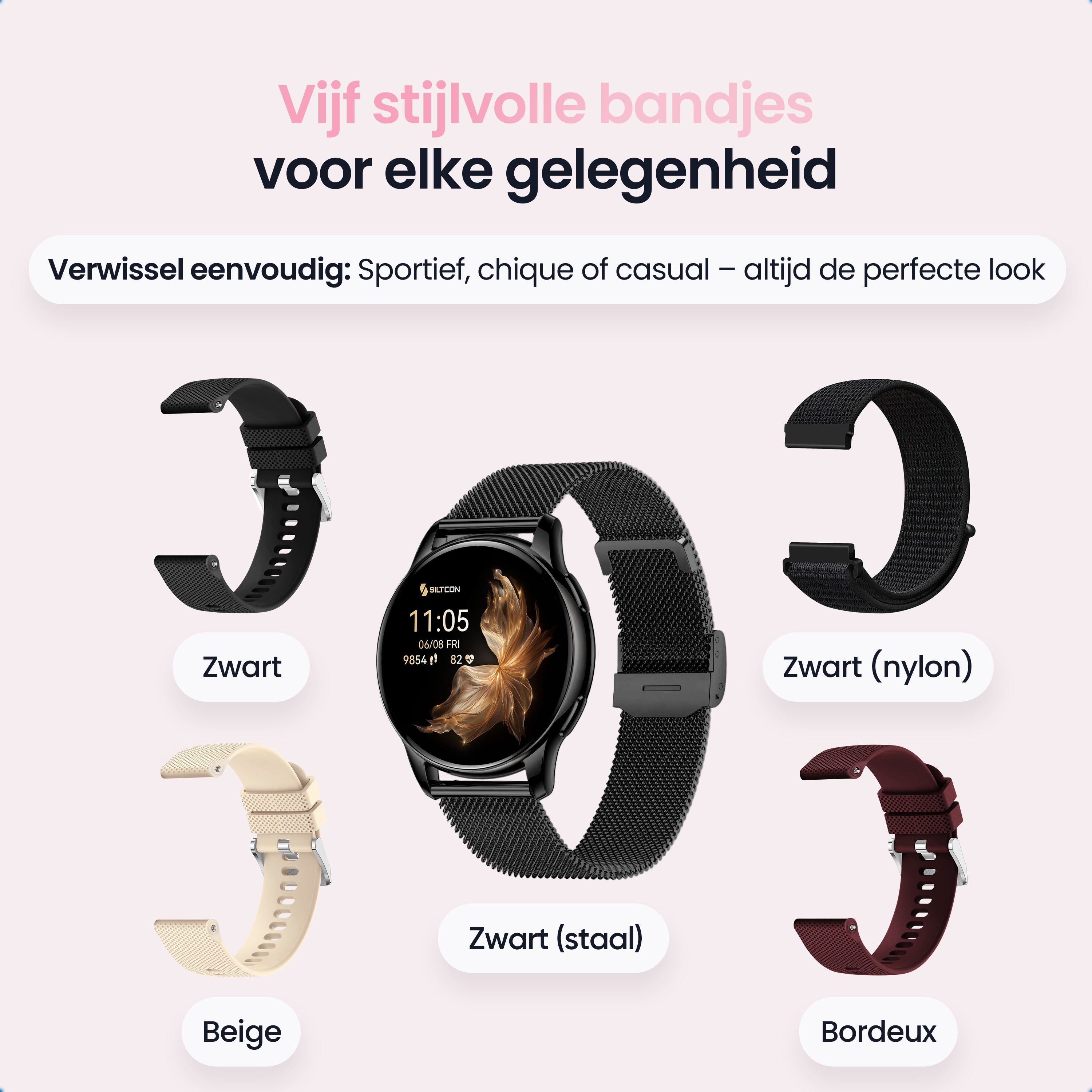 A black smartwatch display with three watch straps: black, beige, and bordeaux.