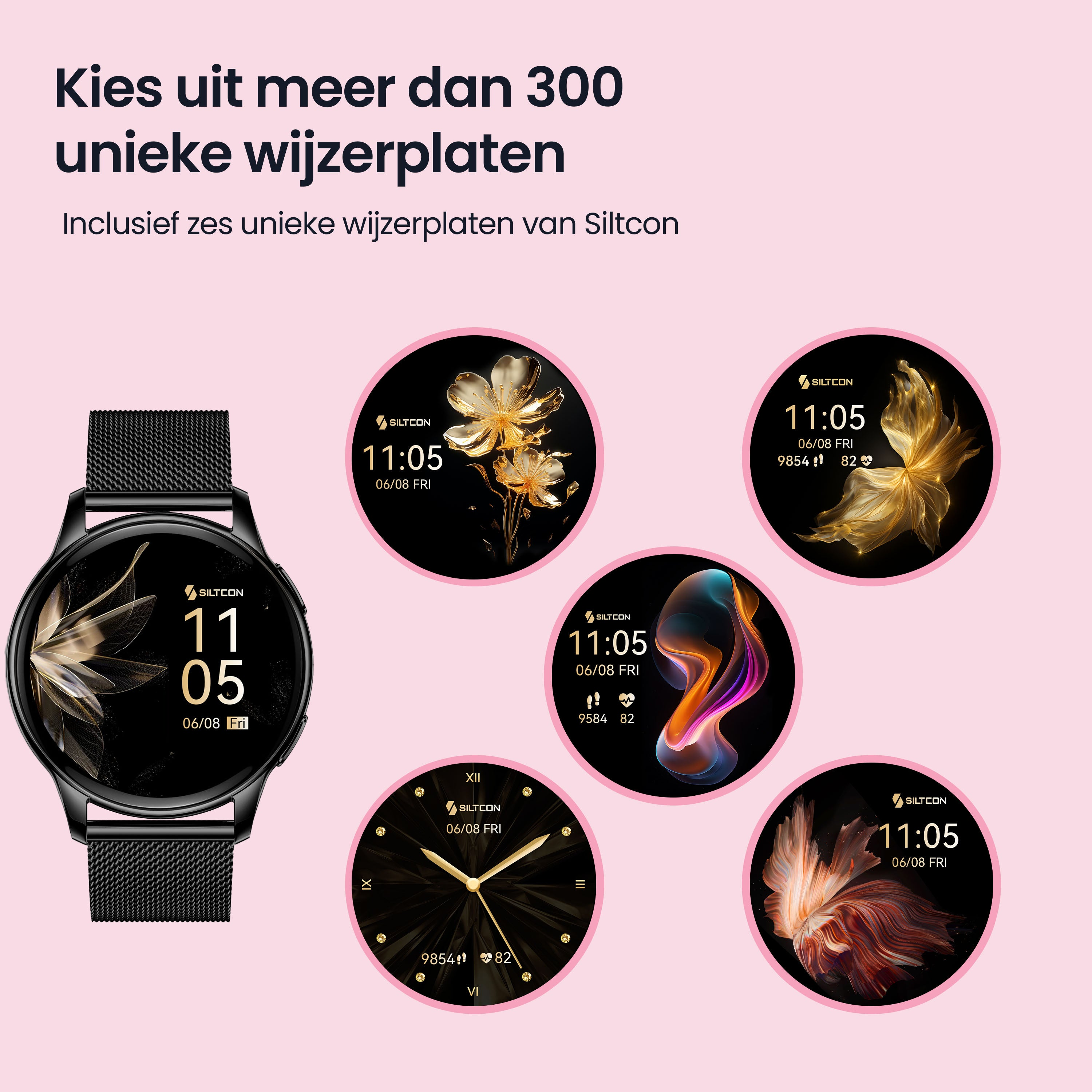 A black smartwatch displaying multiple watch faces with various designs.