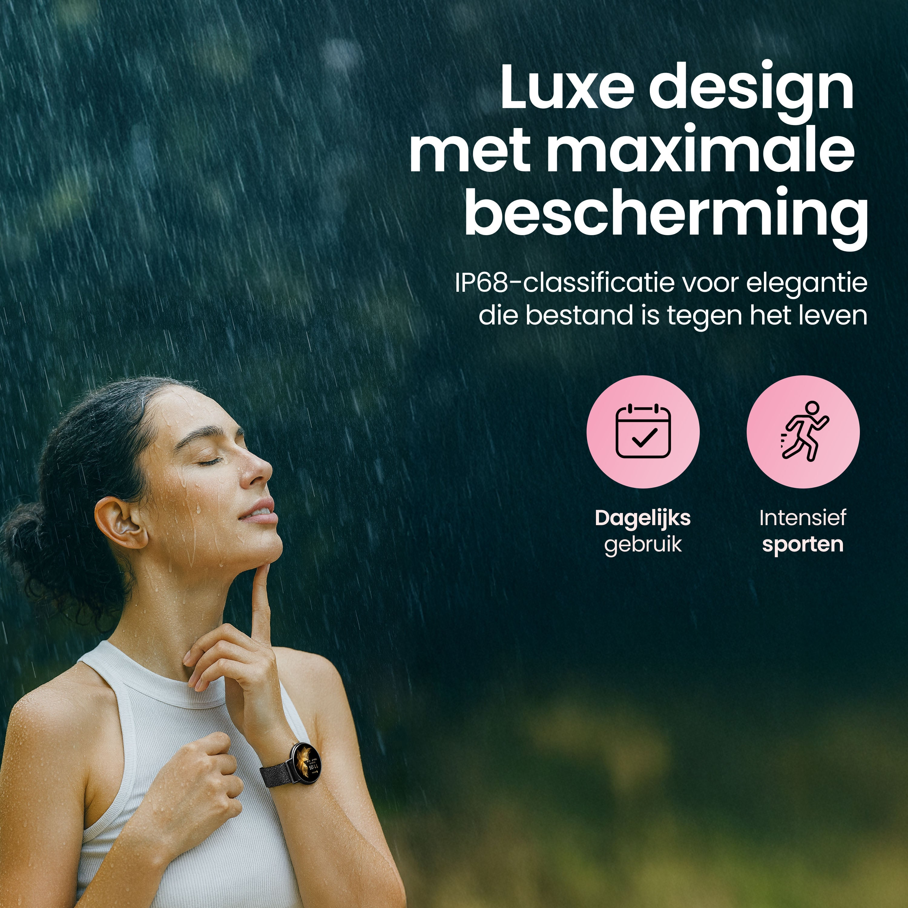 A woman in the rain wears a smartwatch. Text about luxury design and water protection.