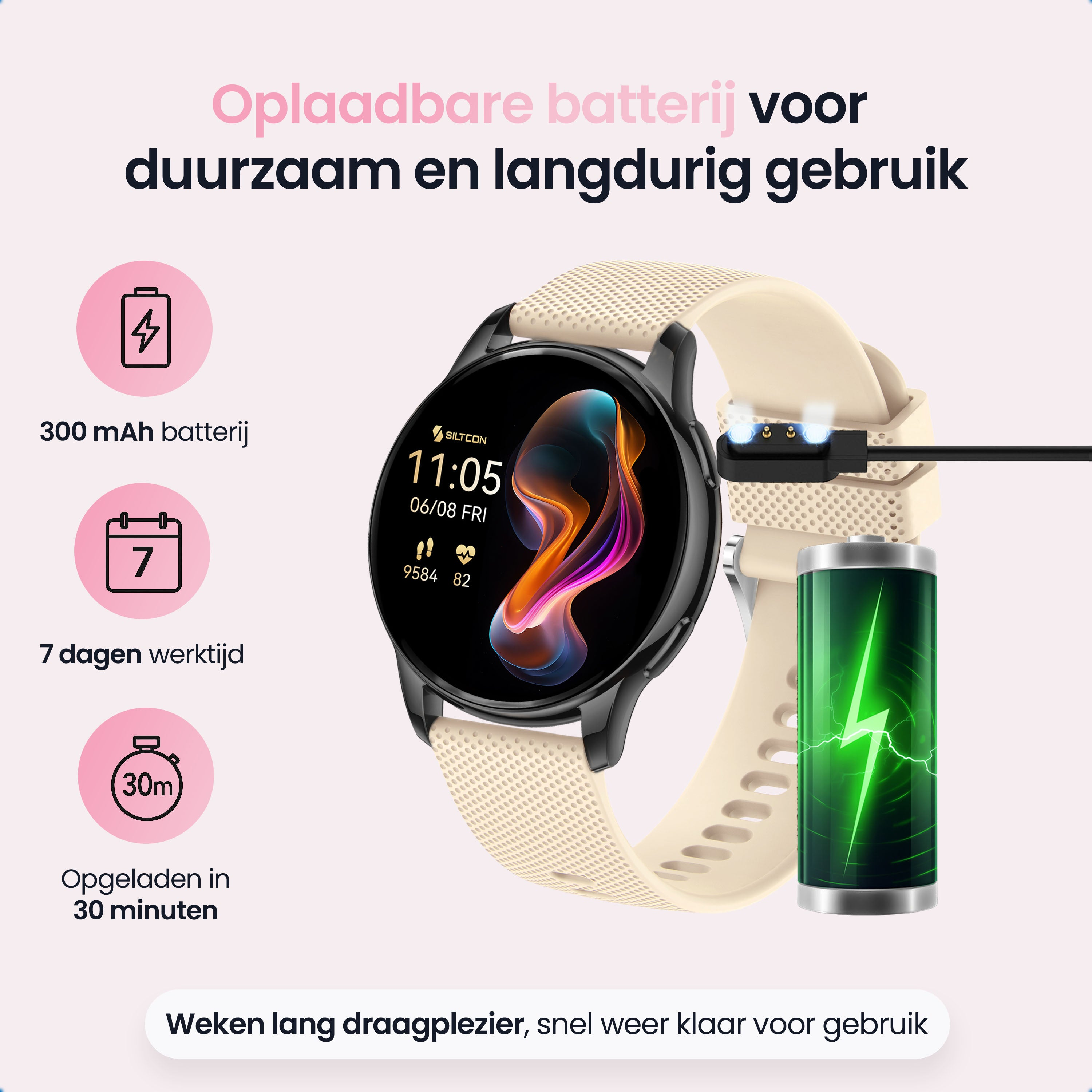 A smartwatch with a light beige strap connected to a charger, showing battery info.