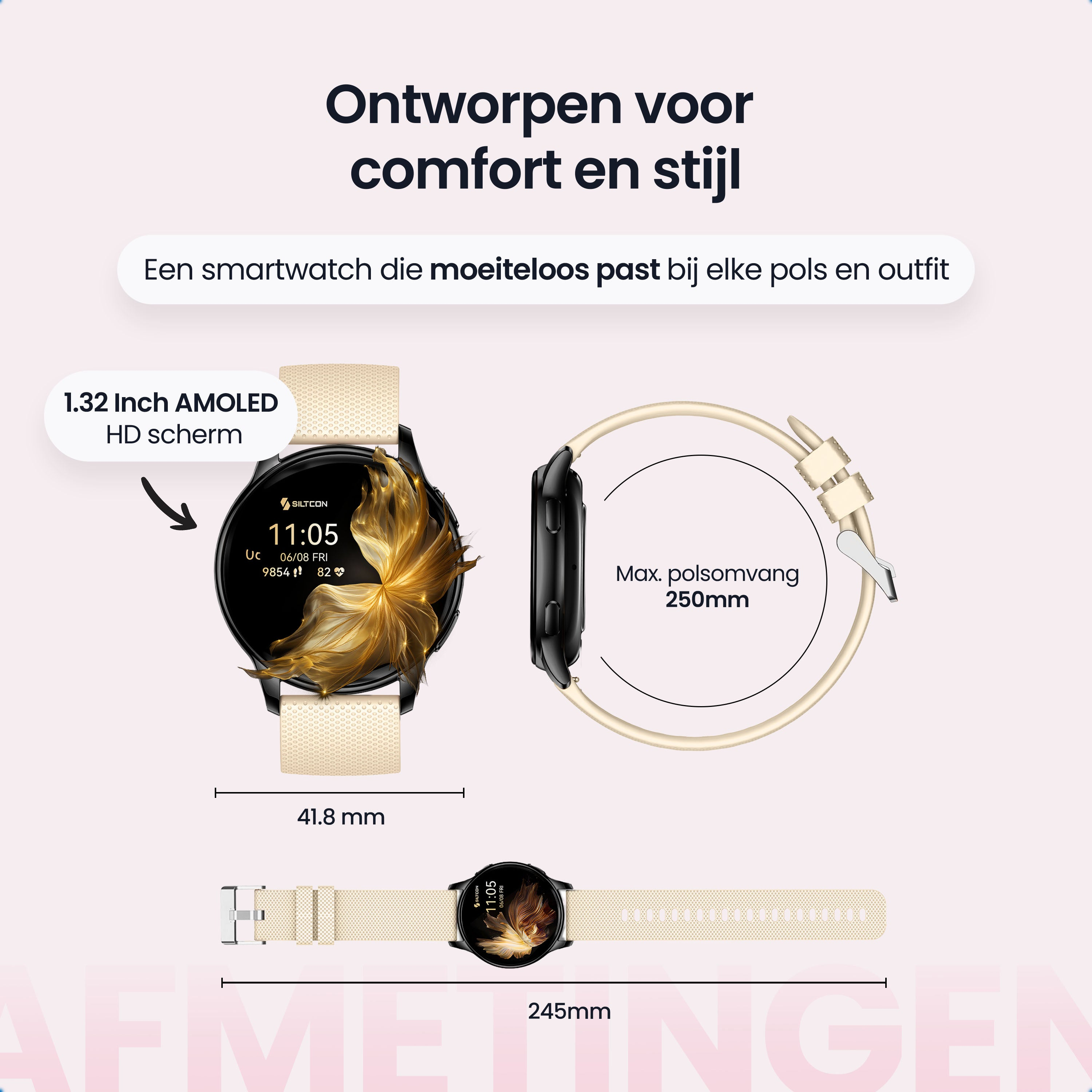 A smartwatch with a bright 1.32-inch AMOLED display, cream band, and metal case.