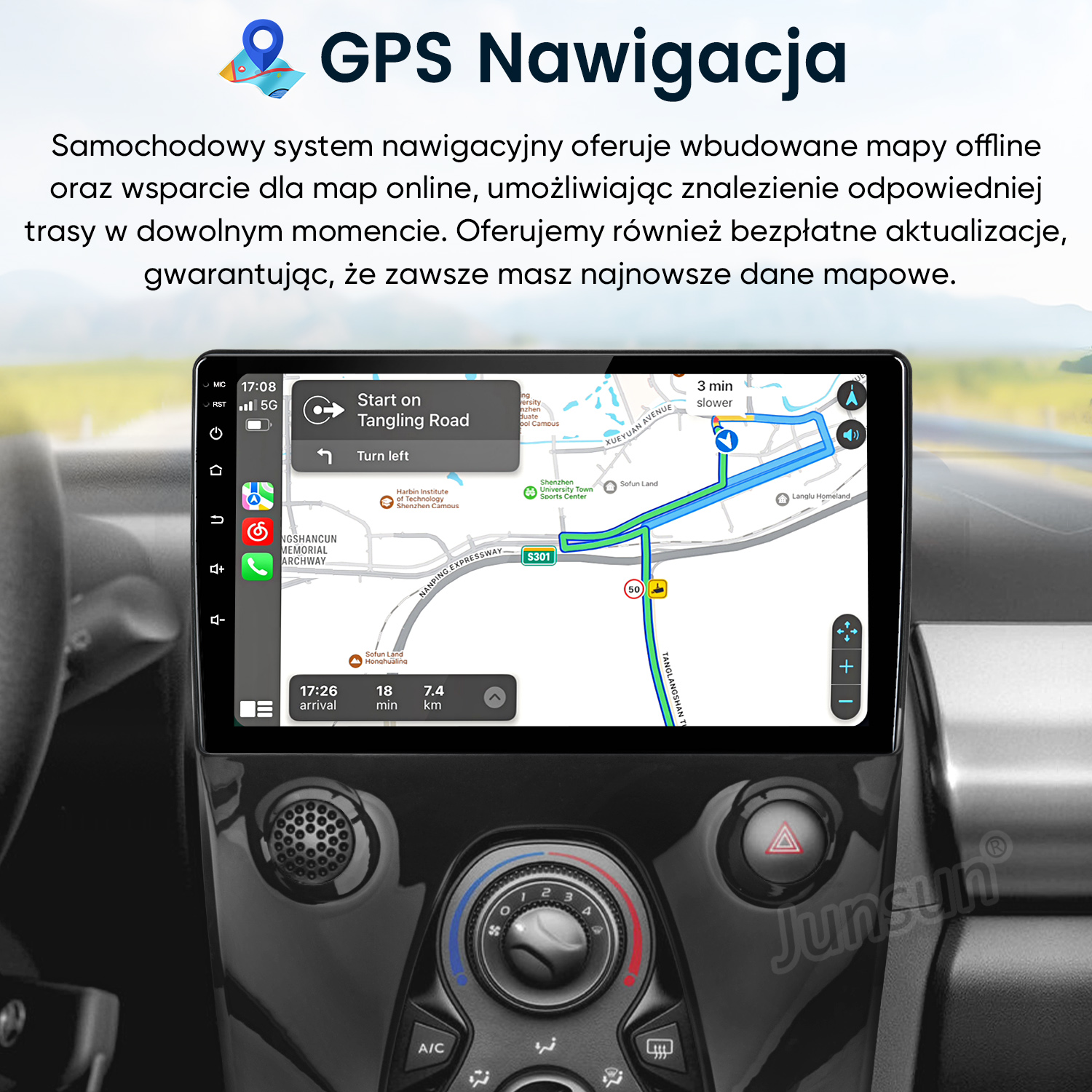 Wyświetlany jest samochodowy system nawigacji z mapami offline i online.