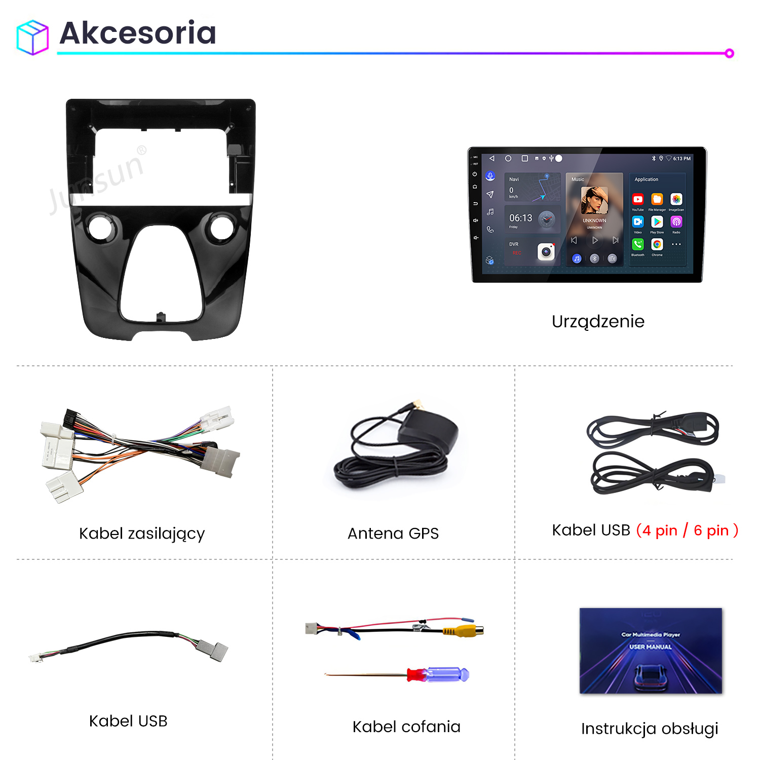 Akcesoria samochodowe: ramka, odtwarzacz, kable zasilające, GPS, USB i instrukcja.