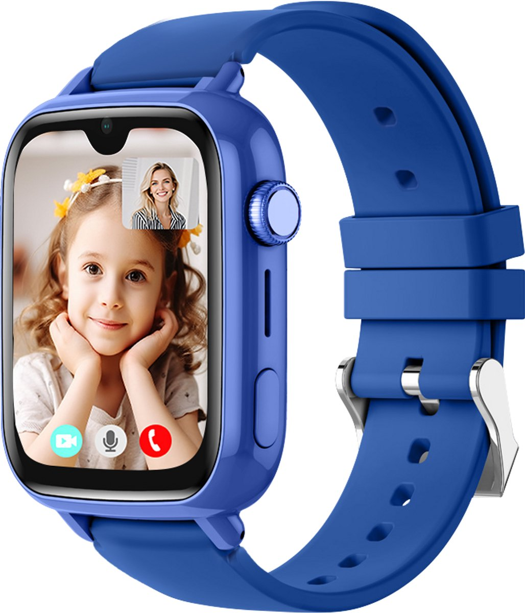 Blauw smartwatch met videogesprek: kind voorgrond, vrouw rechtsboven.