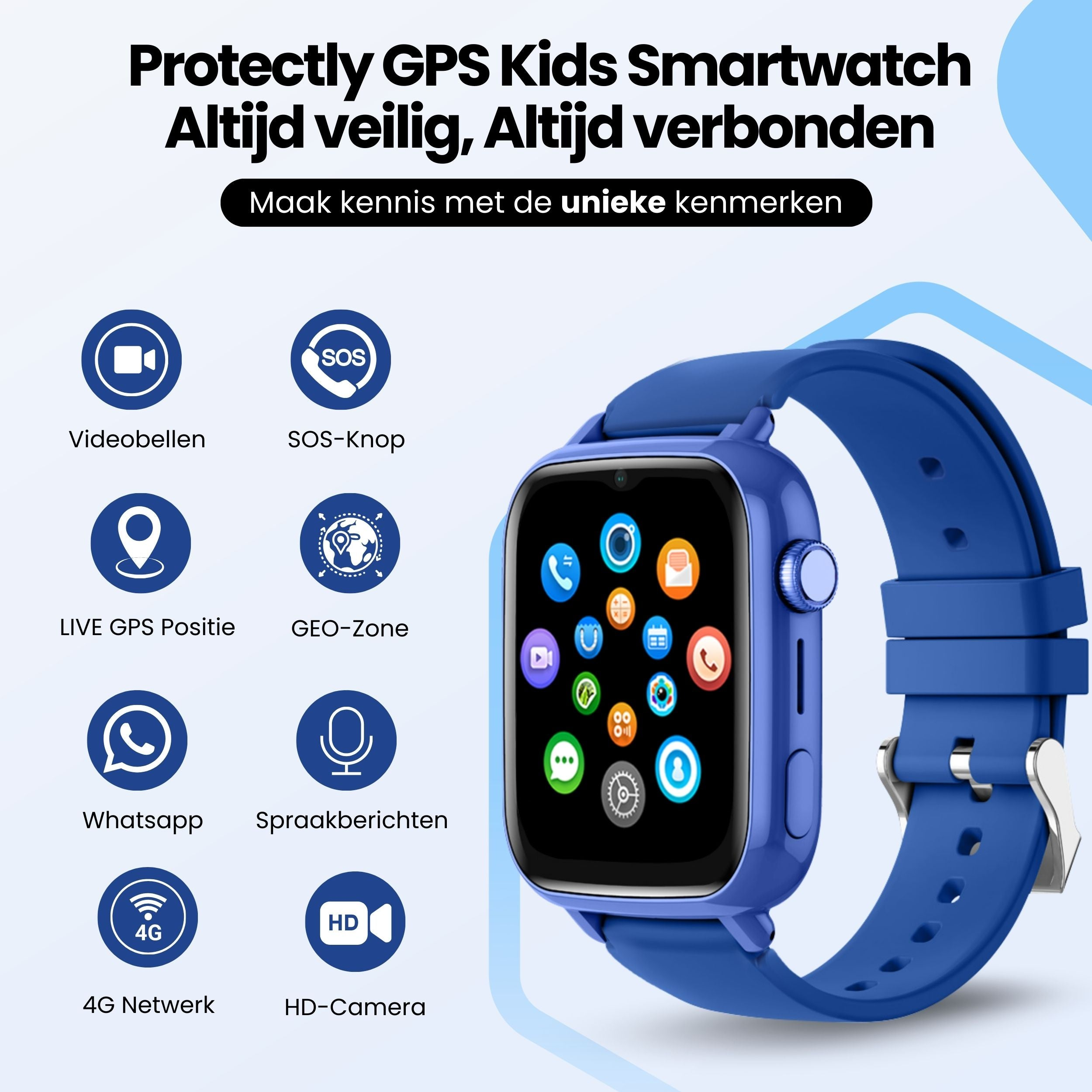 Blauwe smartwatch voor kinderen met video-oproep, SOS, GPS en 4G netwerk.