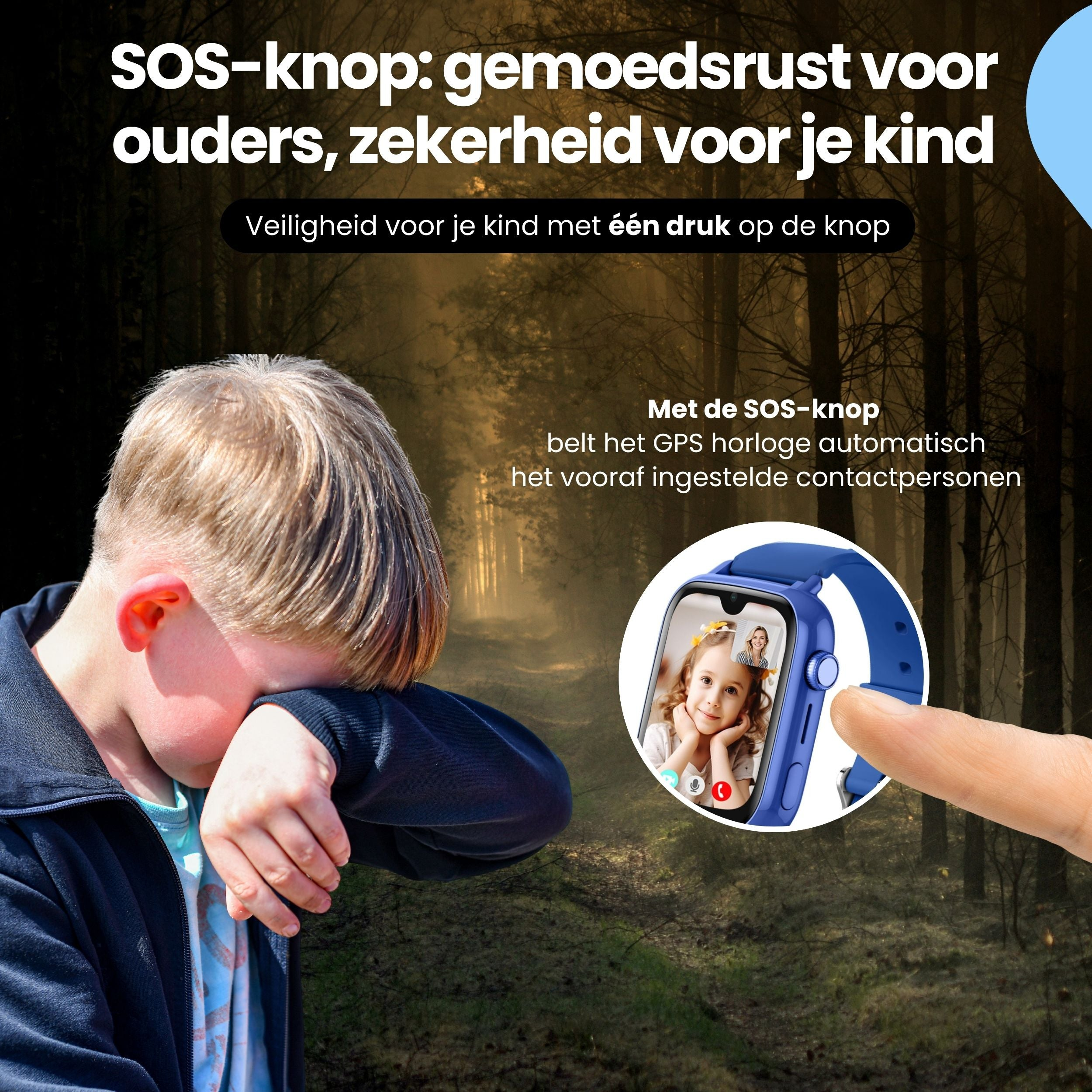 Jongen huilt, smartwatch toont videogesprek, bos op achtergrond.