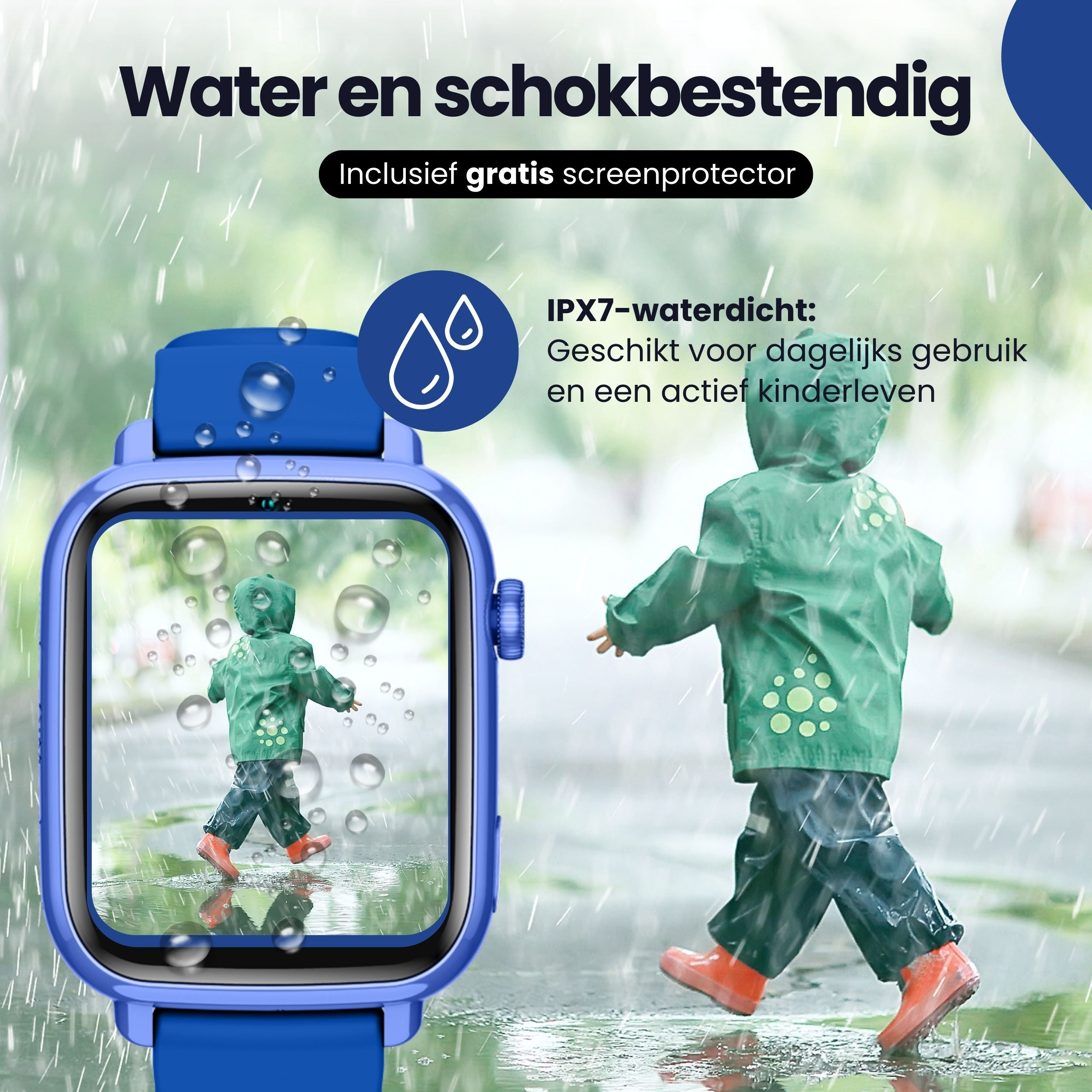 Een blauw smartwatch-display toont een kind in een groene regenjas die in de regen loopt.