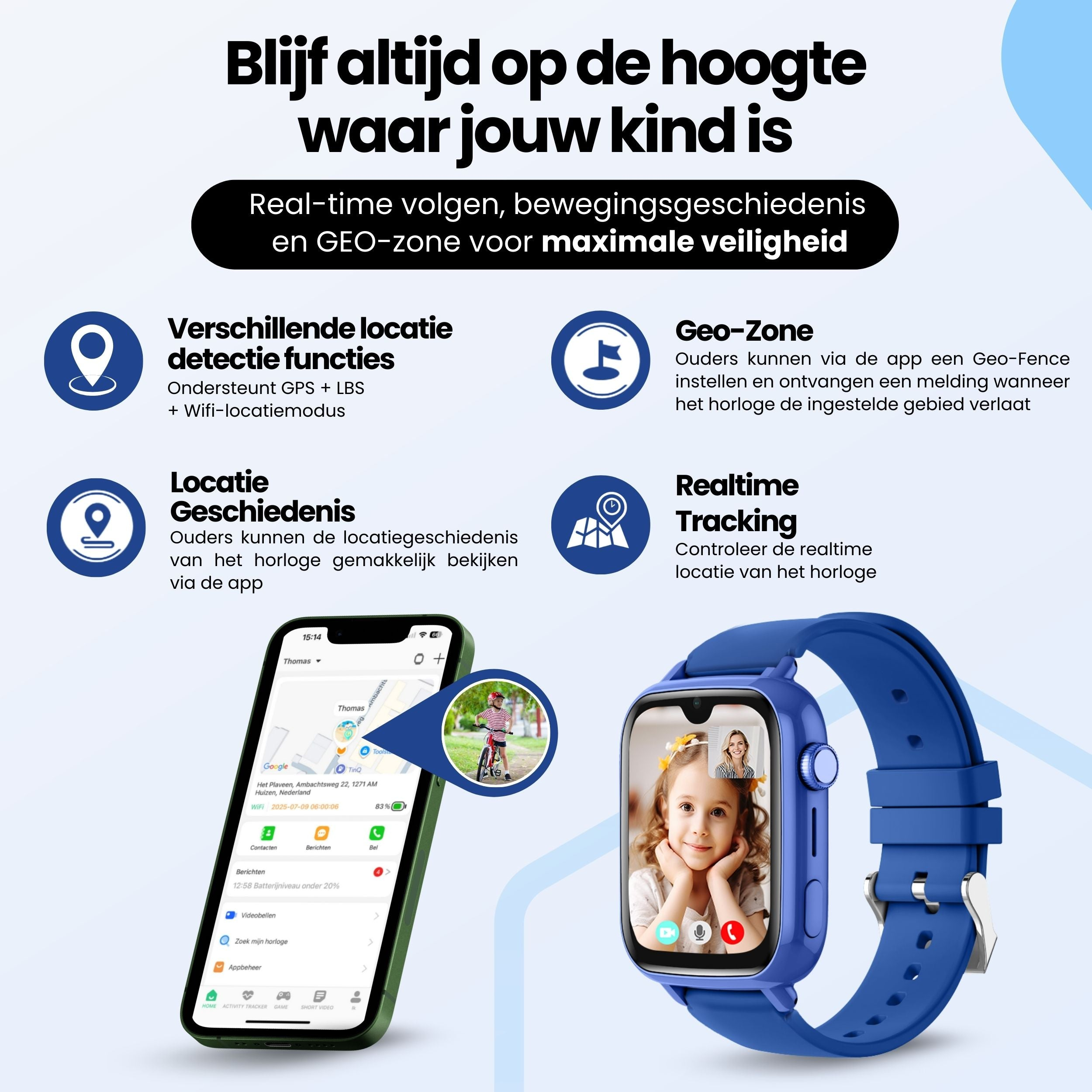 Afbeelding van een blauw kinder smartwatch met app screenshot en kind op fiets.