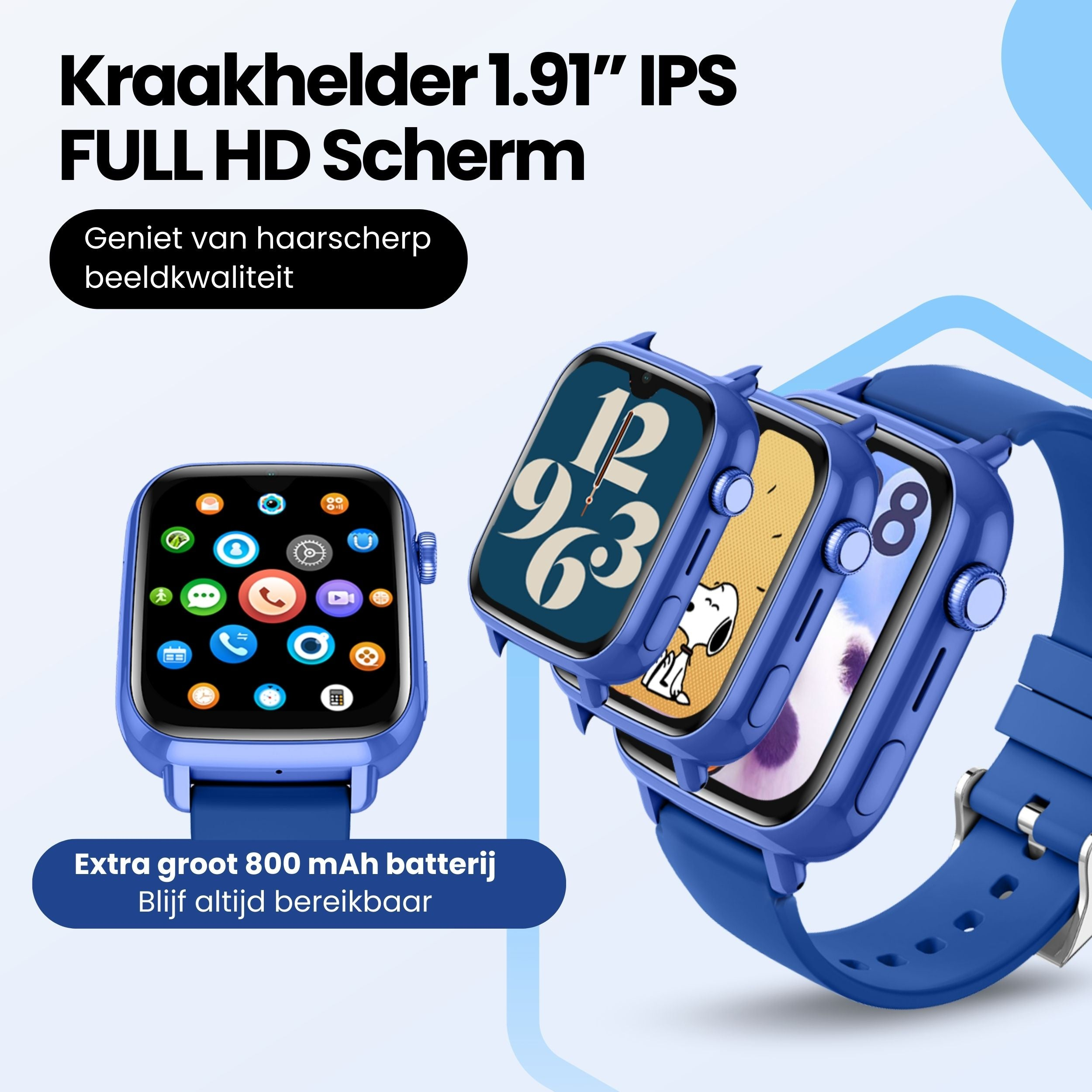 Blauwe smartwatches met apps, wijzerplaten en tekst over scherm en batterij.