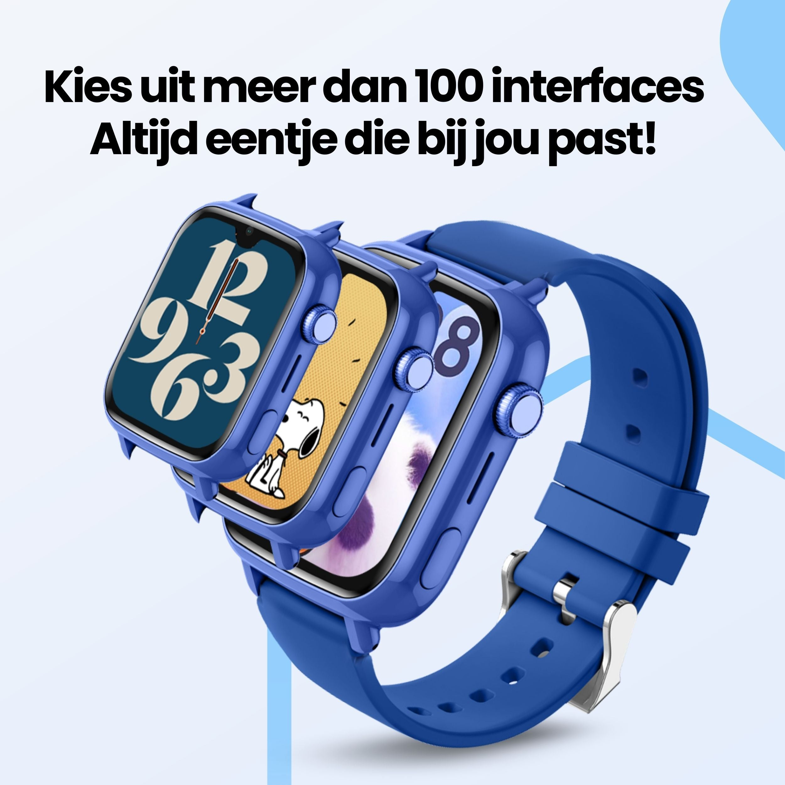 Drie blauwe smartwatches met verschillende wijzerplaten, naast elkaar.