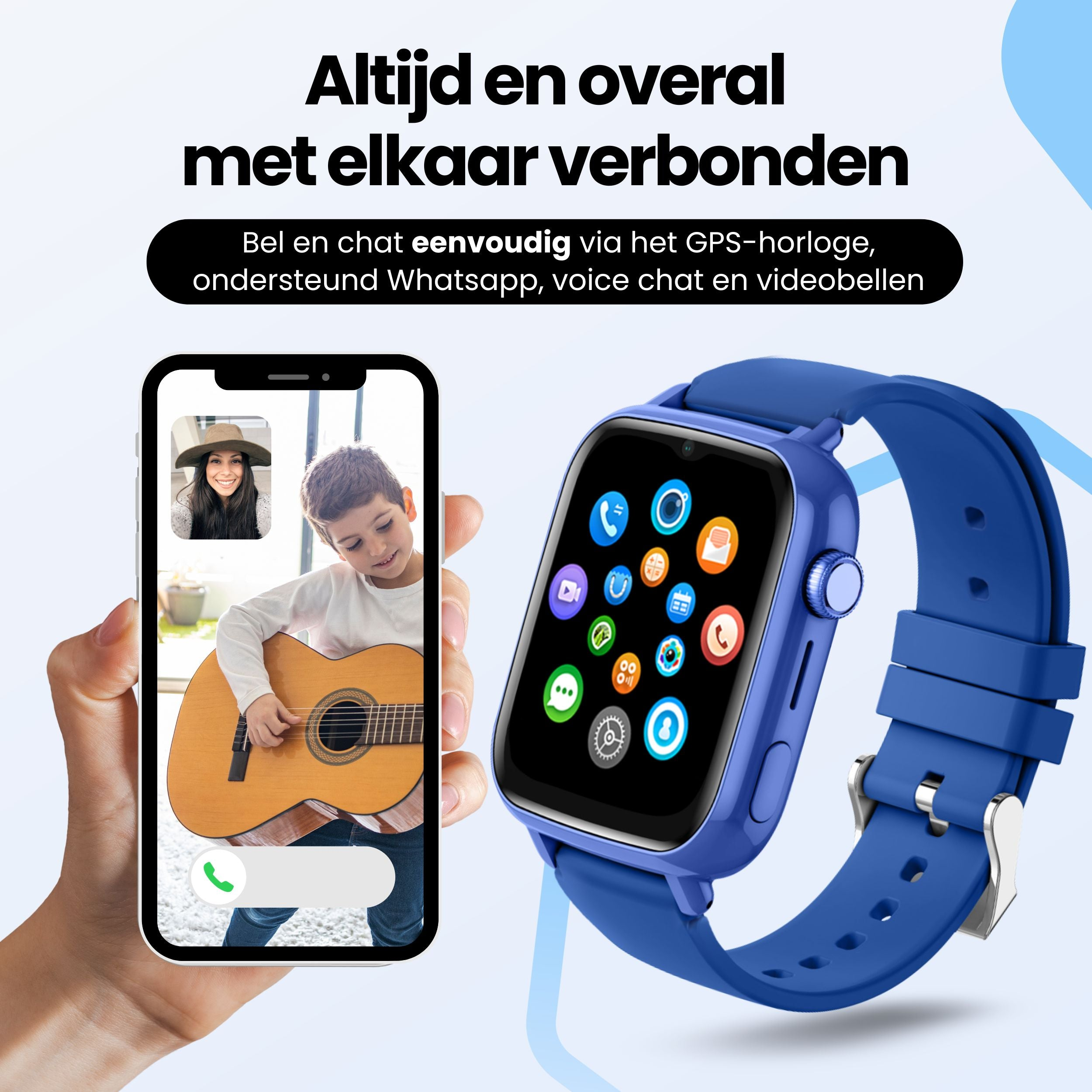 Een blauw smartwatch-display toont app-pictogrammen. Daarnaast een smartphone met een videogesprek.