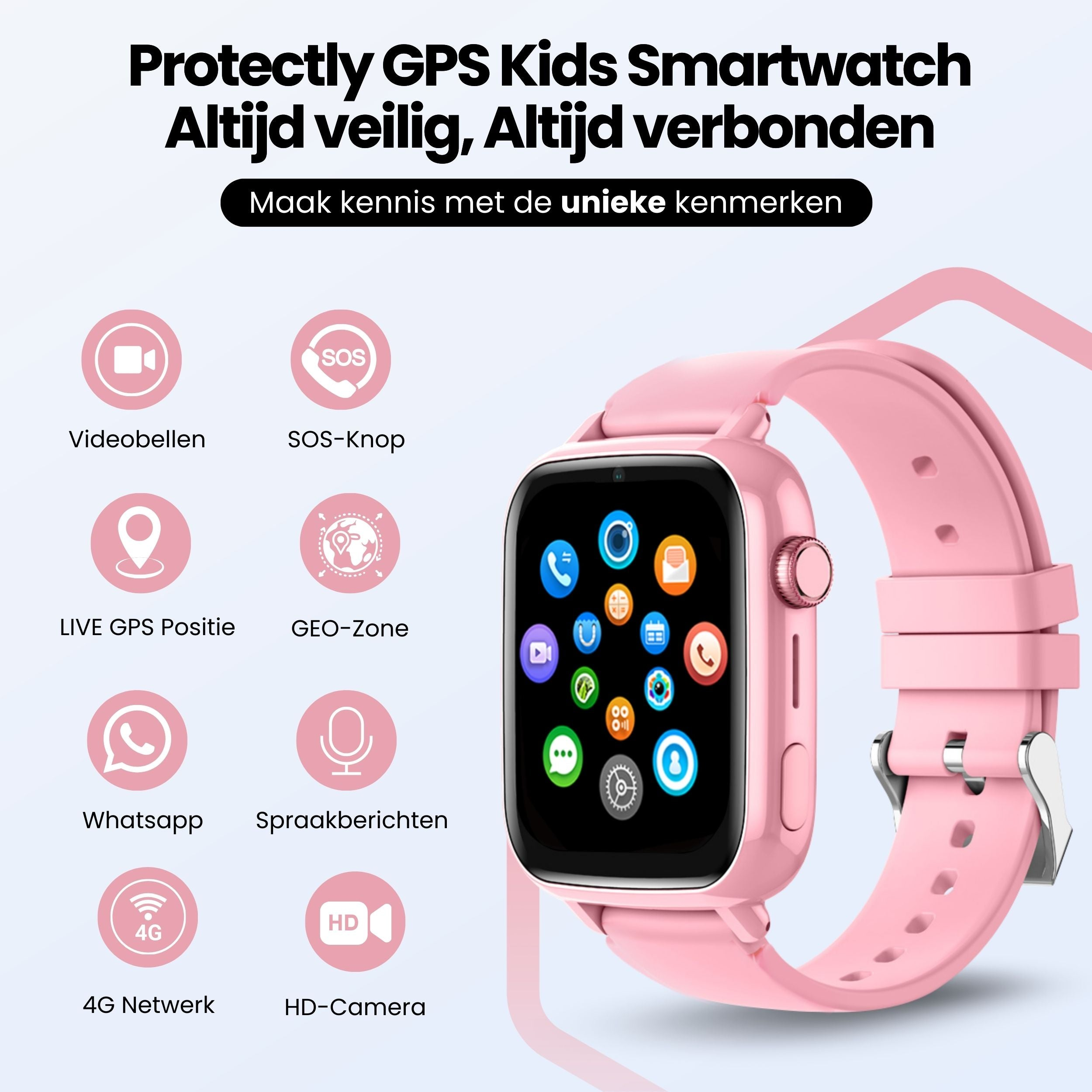 A pink GPS kids smartwatch with features: video call, SOS, GPS, WhatsApp, and camera.