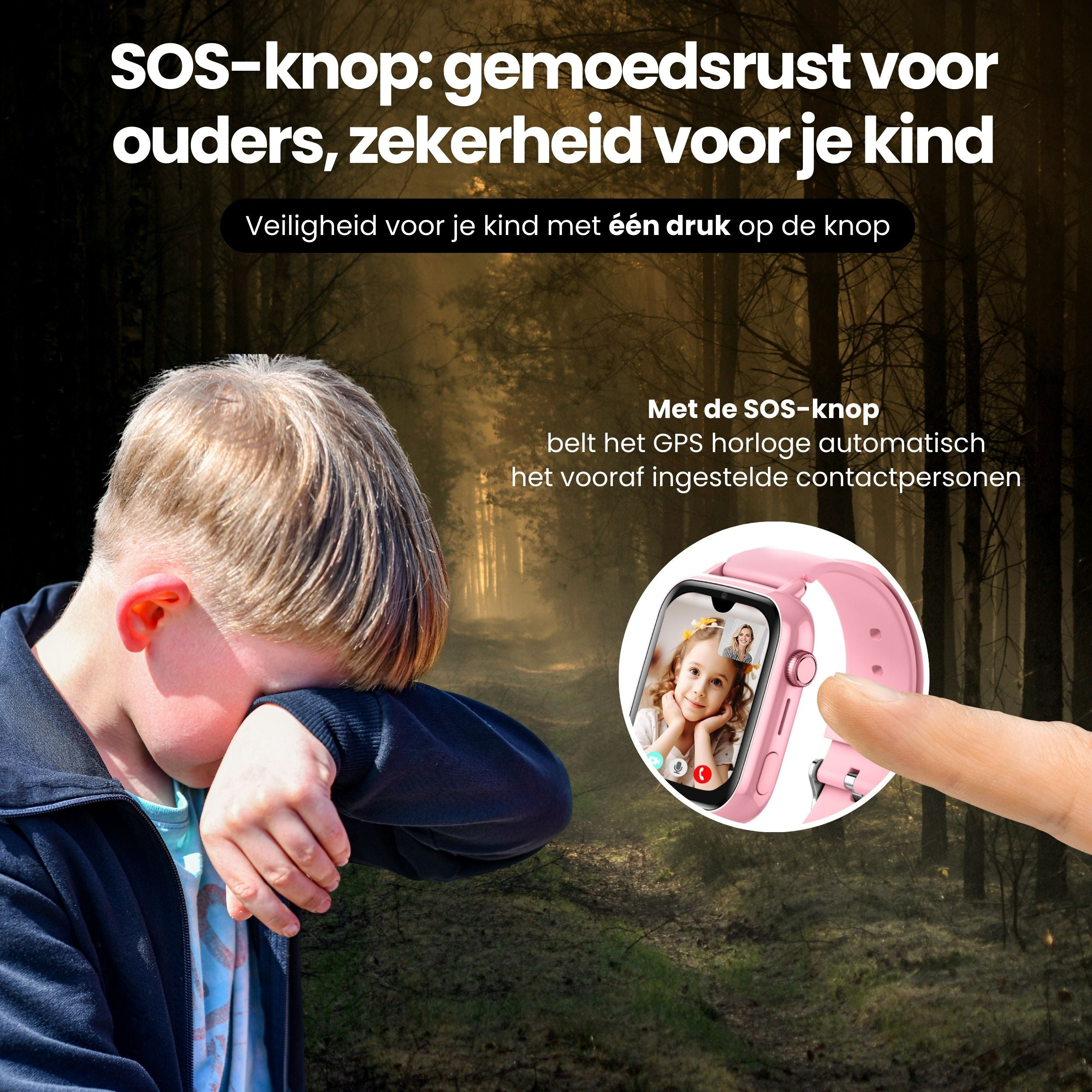 A boy cries in a forest. A pink smartwatch with SOS function is displayed.