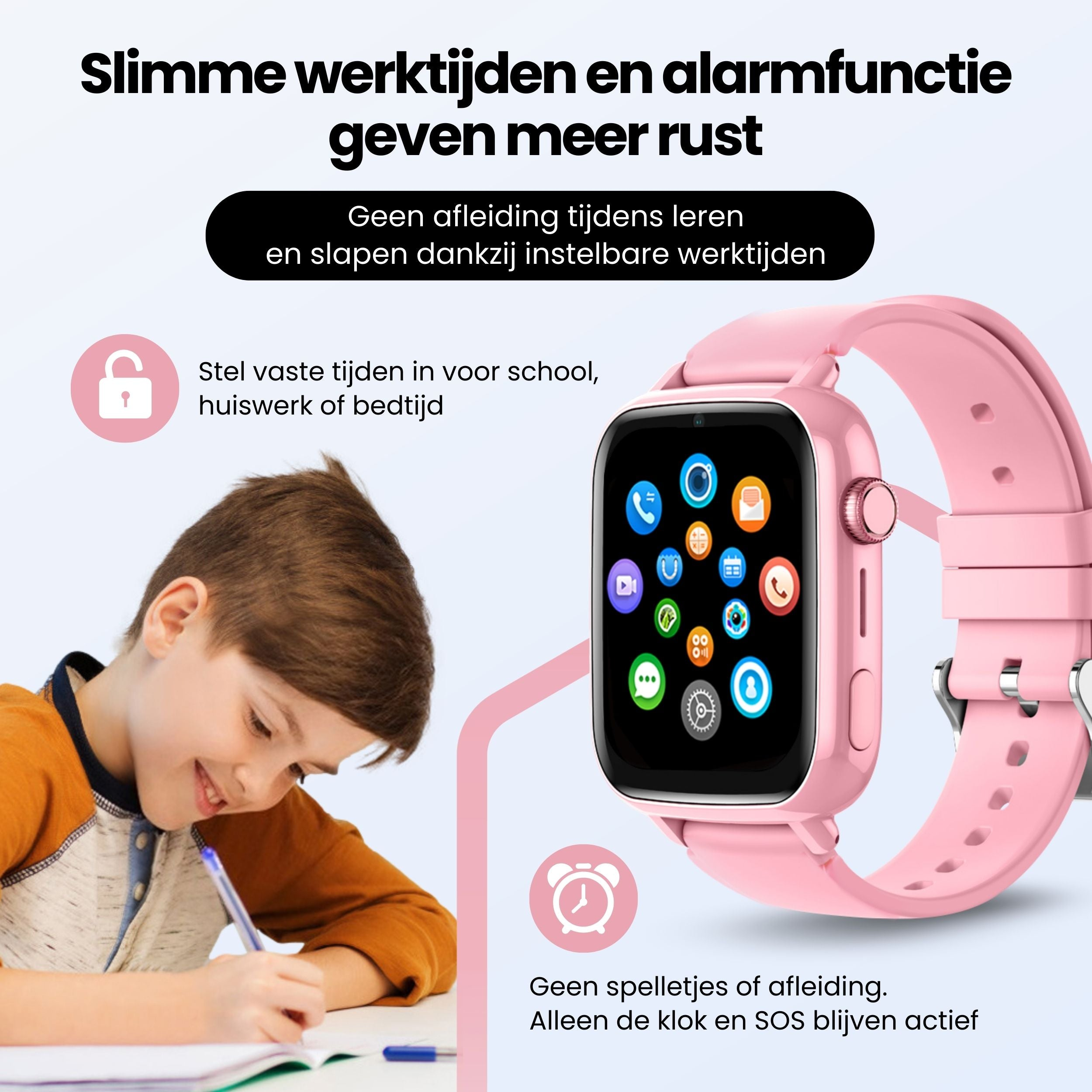 A boy writing, a pink smartwatch with icons, and an alarm clock icon.