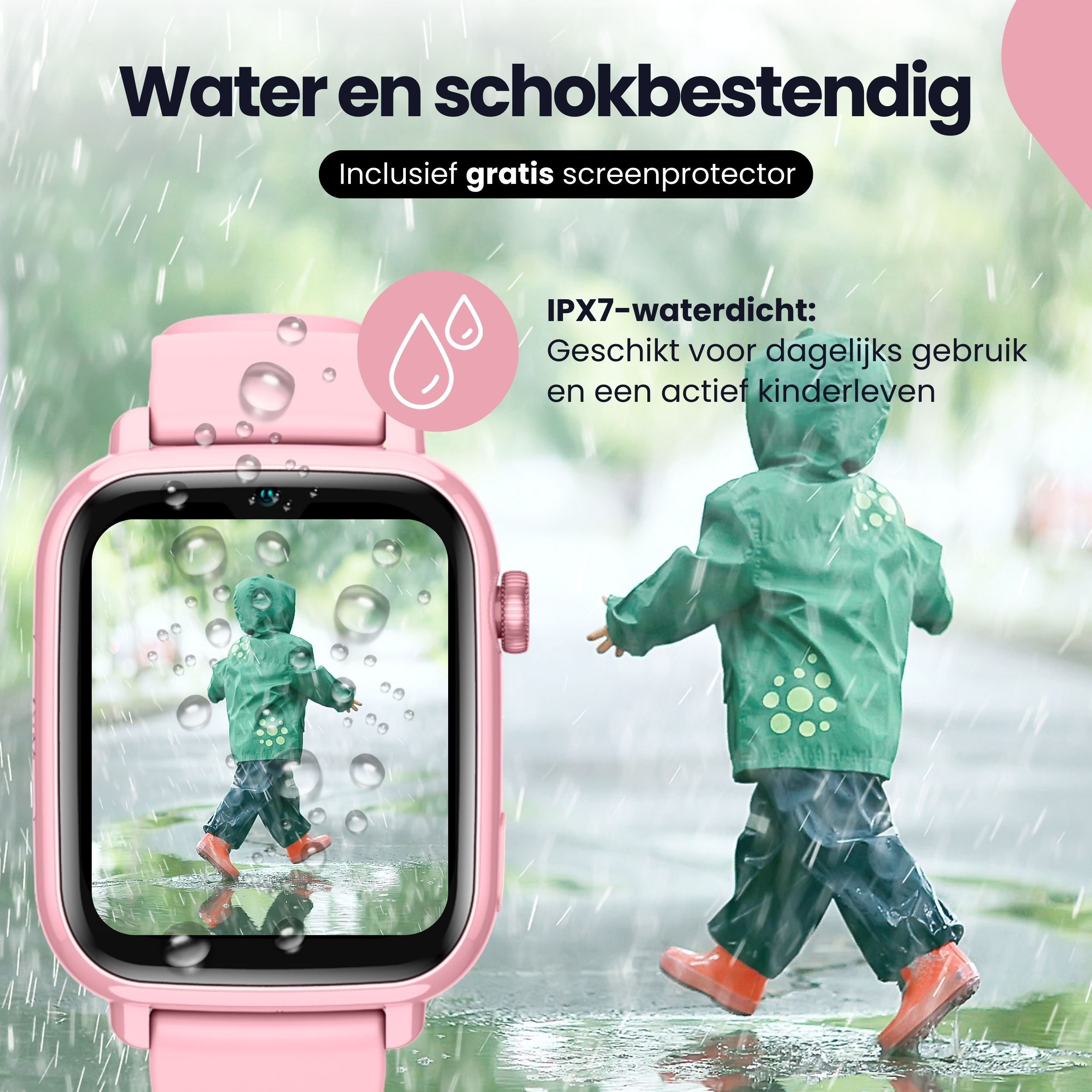 A pink smartwatch with a child in the rain. Waterproof.