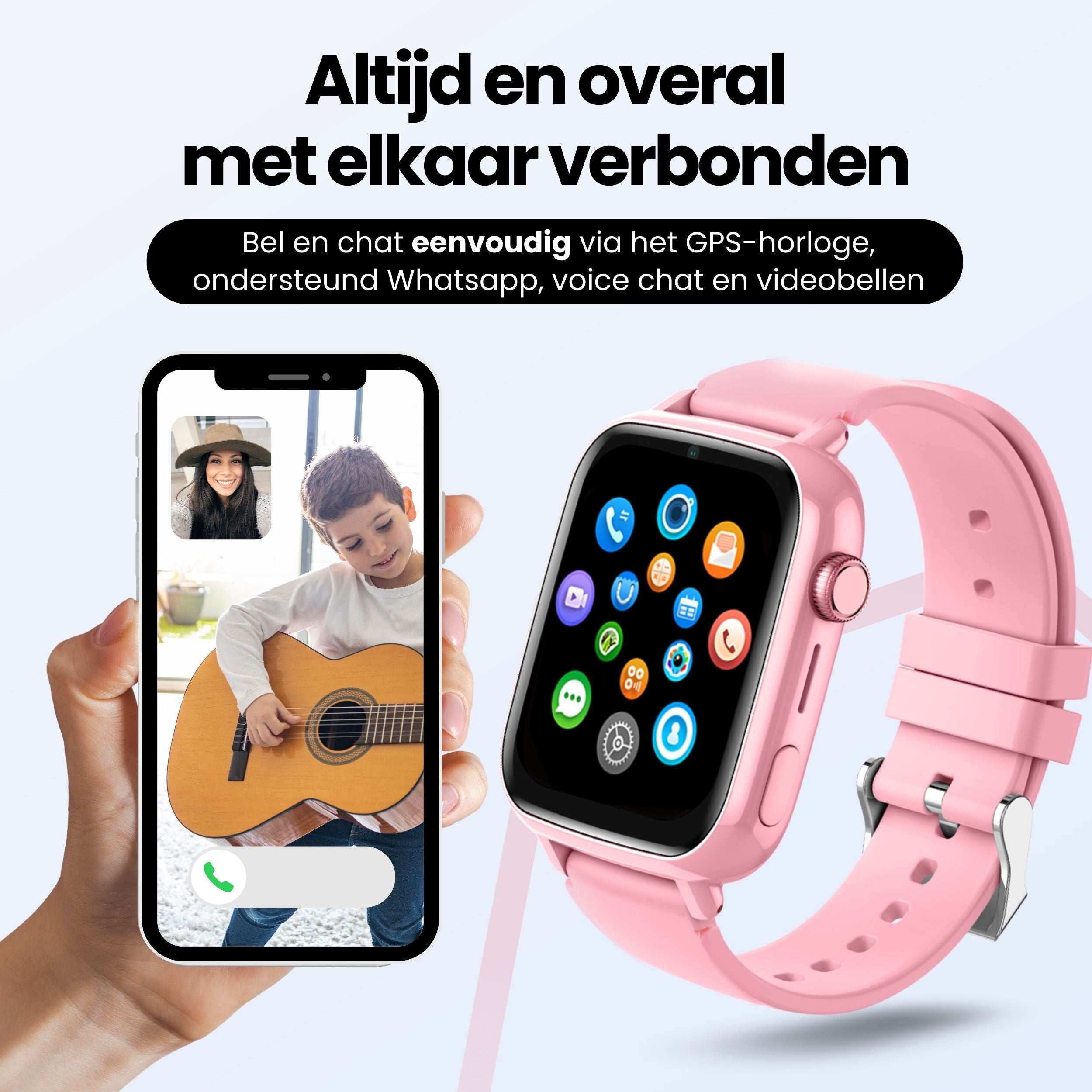 A pink smartwatch and a smartphone display a boy with a guitar and a woman.