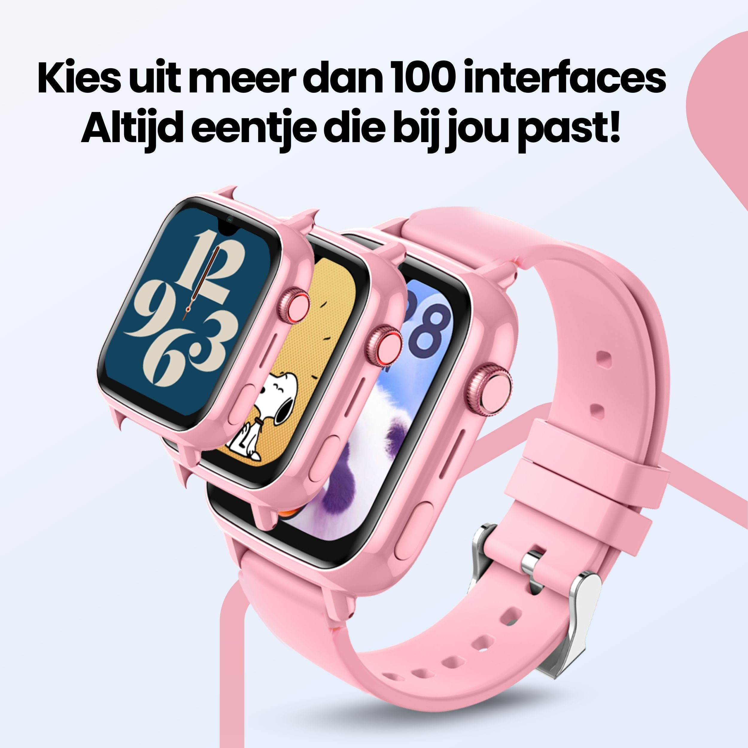 Three pink smartwatches displaying different watch faces on a light background.