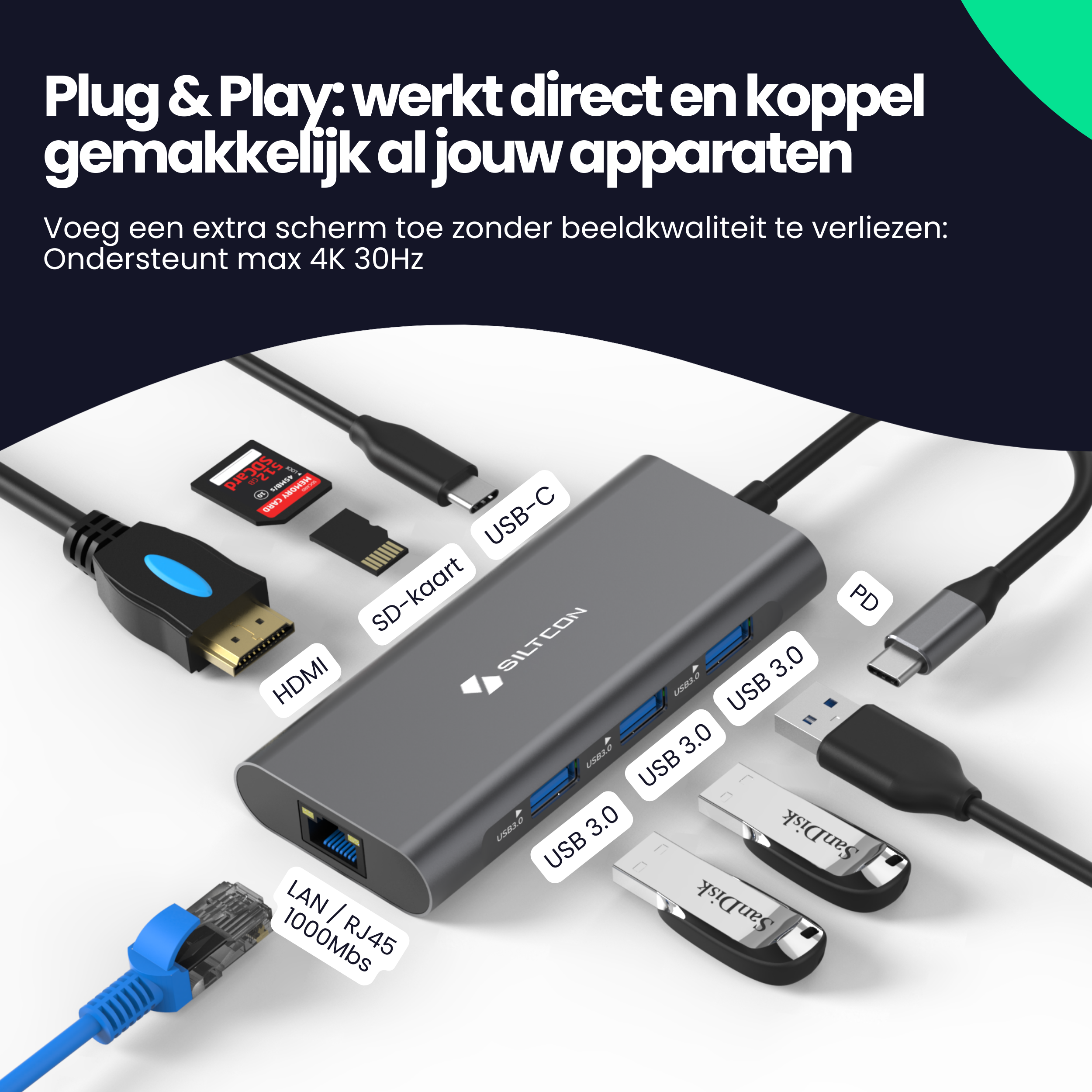 Een grijze USB-C hub met HDMI, SD-kaart, LAN en meerdere USB-poorten.