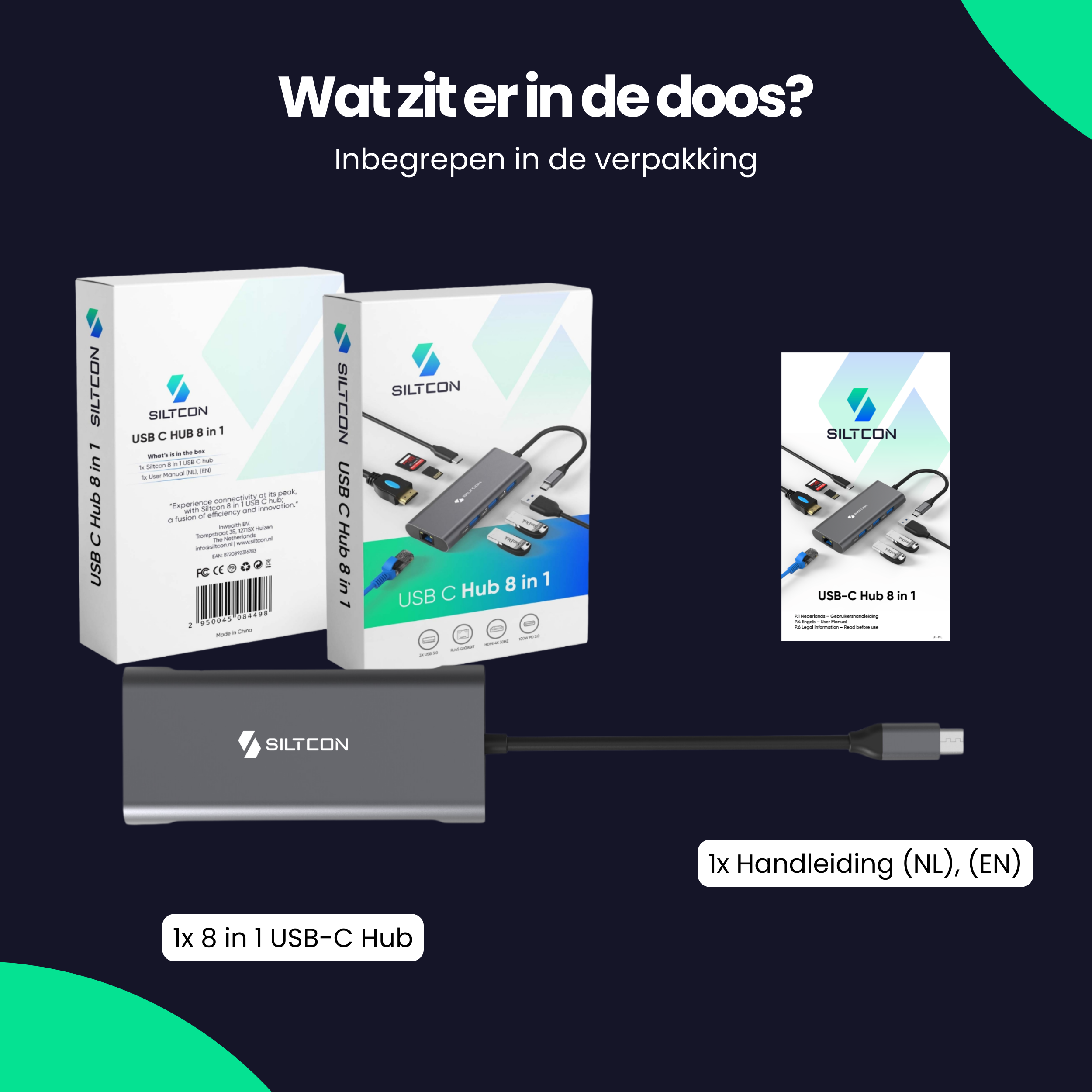 Grijze USB-C hub met poorten, kabels en SD-kaarten. Verpakking ernaast.