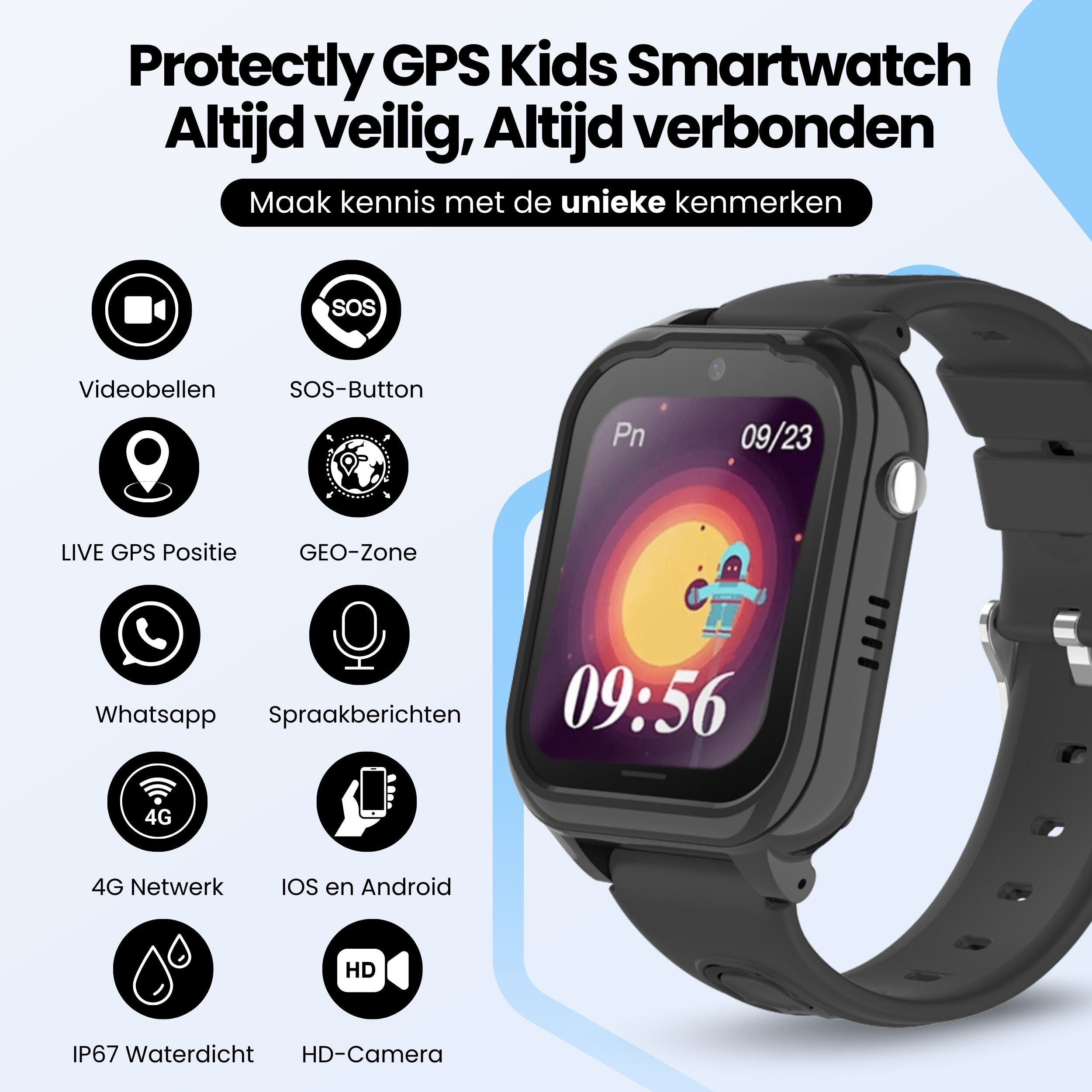A black kids GPS smartwatch displaying video calls, SOS button, live GPS, WhatsApp, 4G, IP67, HD camera.