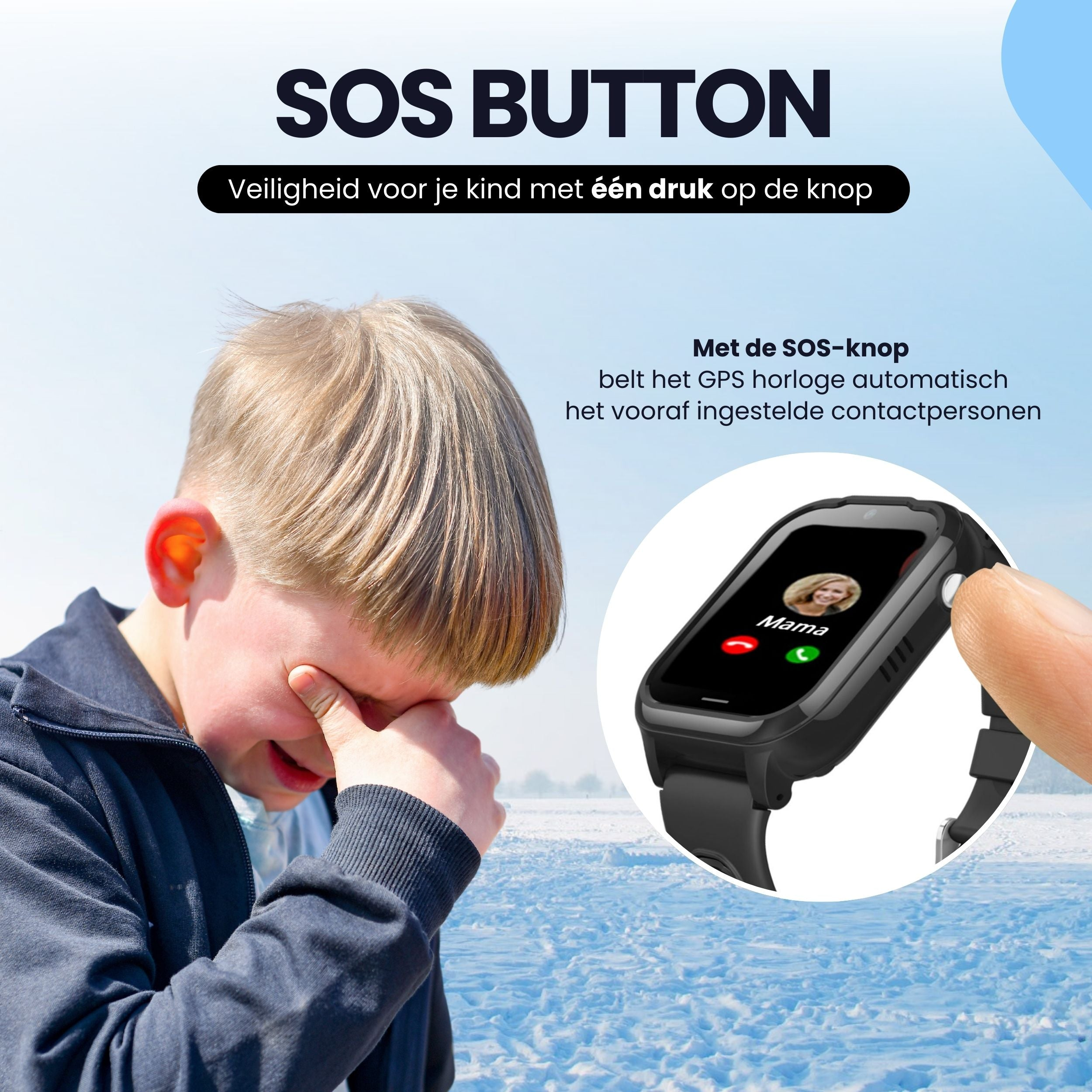 A crying boy in a snowy landscape, next to him a smartwatch with an SOS button.