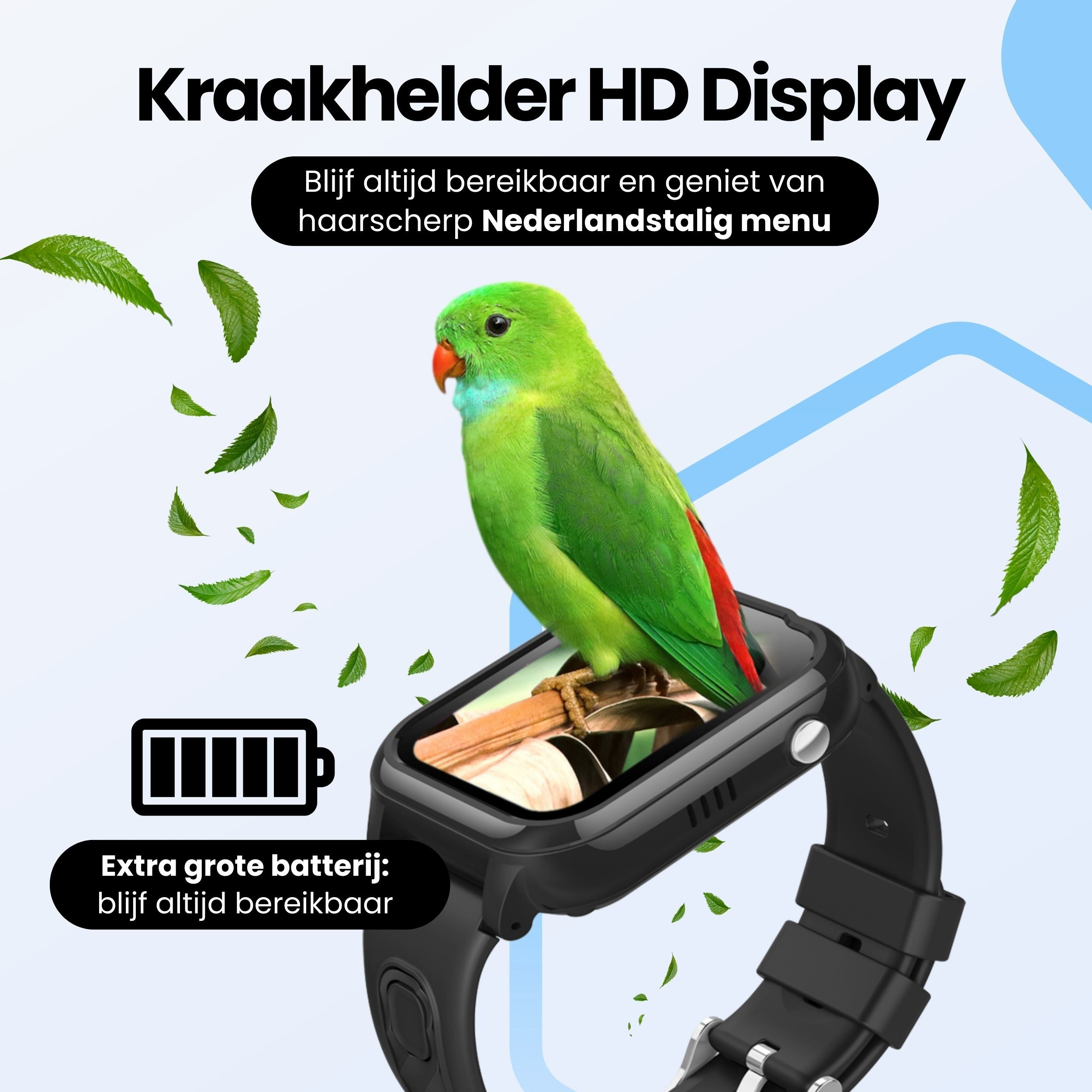 A green parrot sits on a smartwatch with falling leaves and a battery icon.