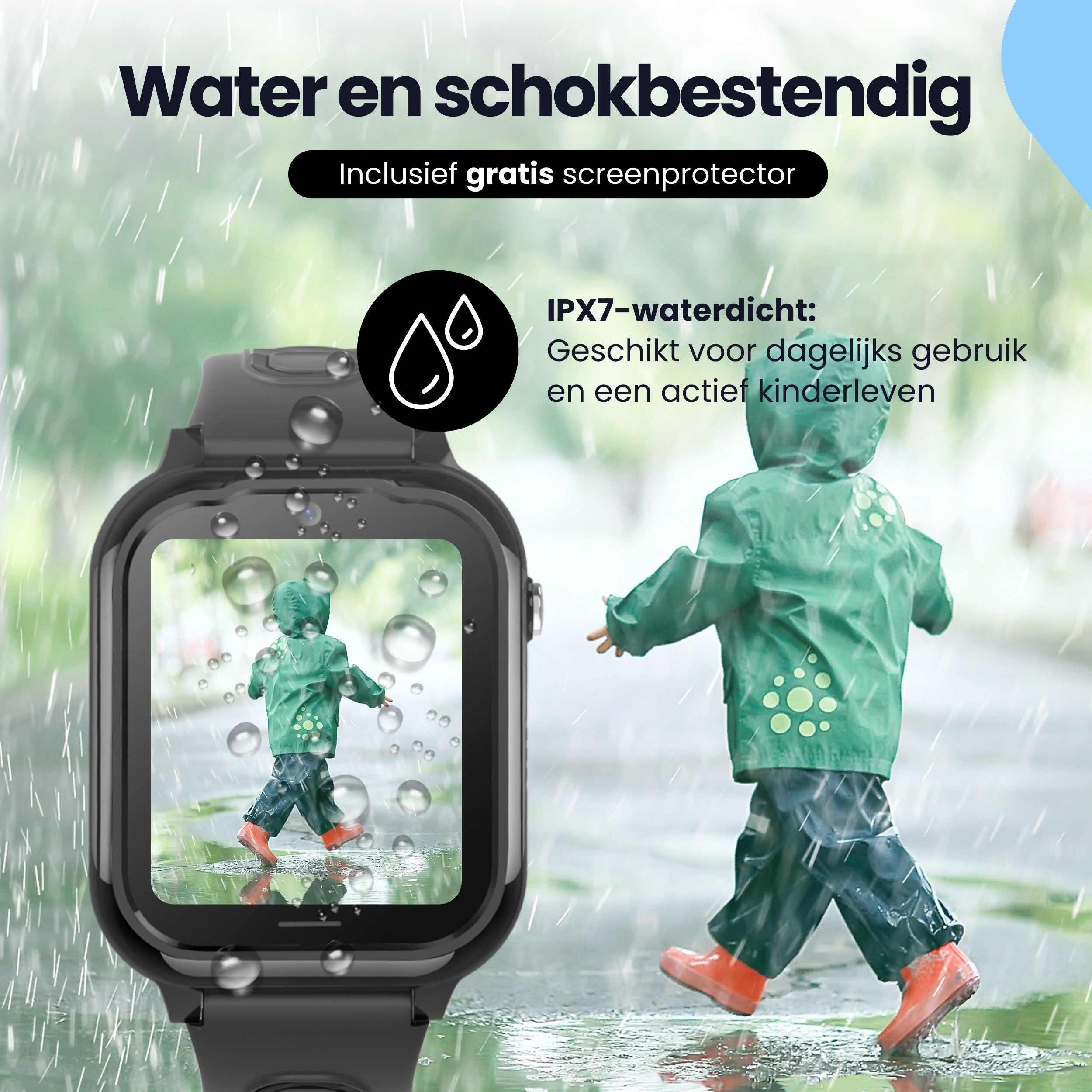 A watch in the rain, a child in rain gear runs.