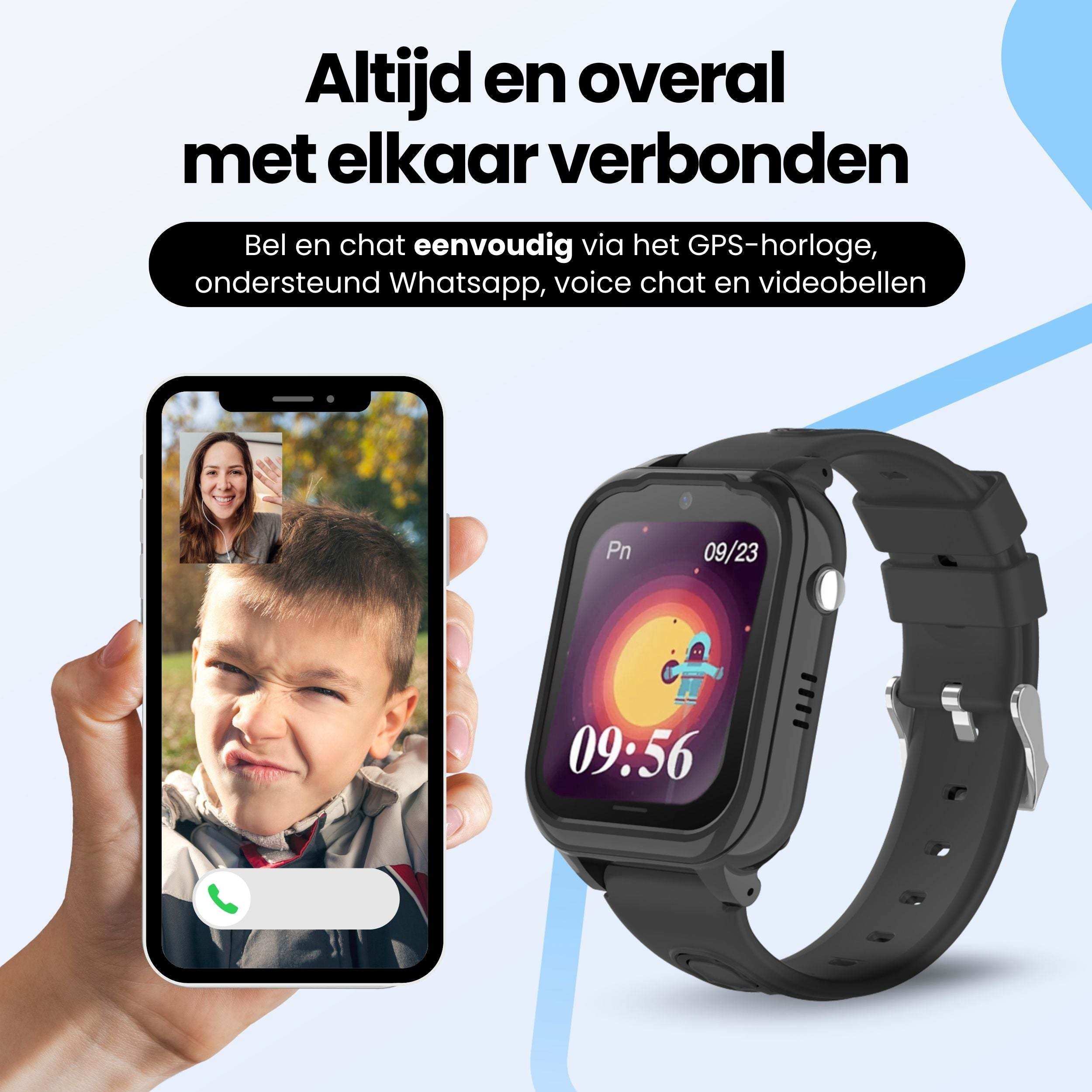 Smartwatch and smartphone show video calls. Text: Always and everywhere connected.