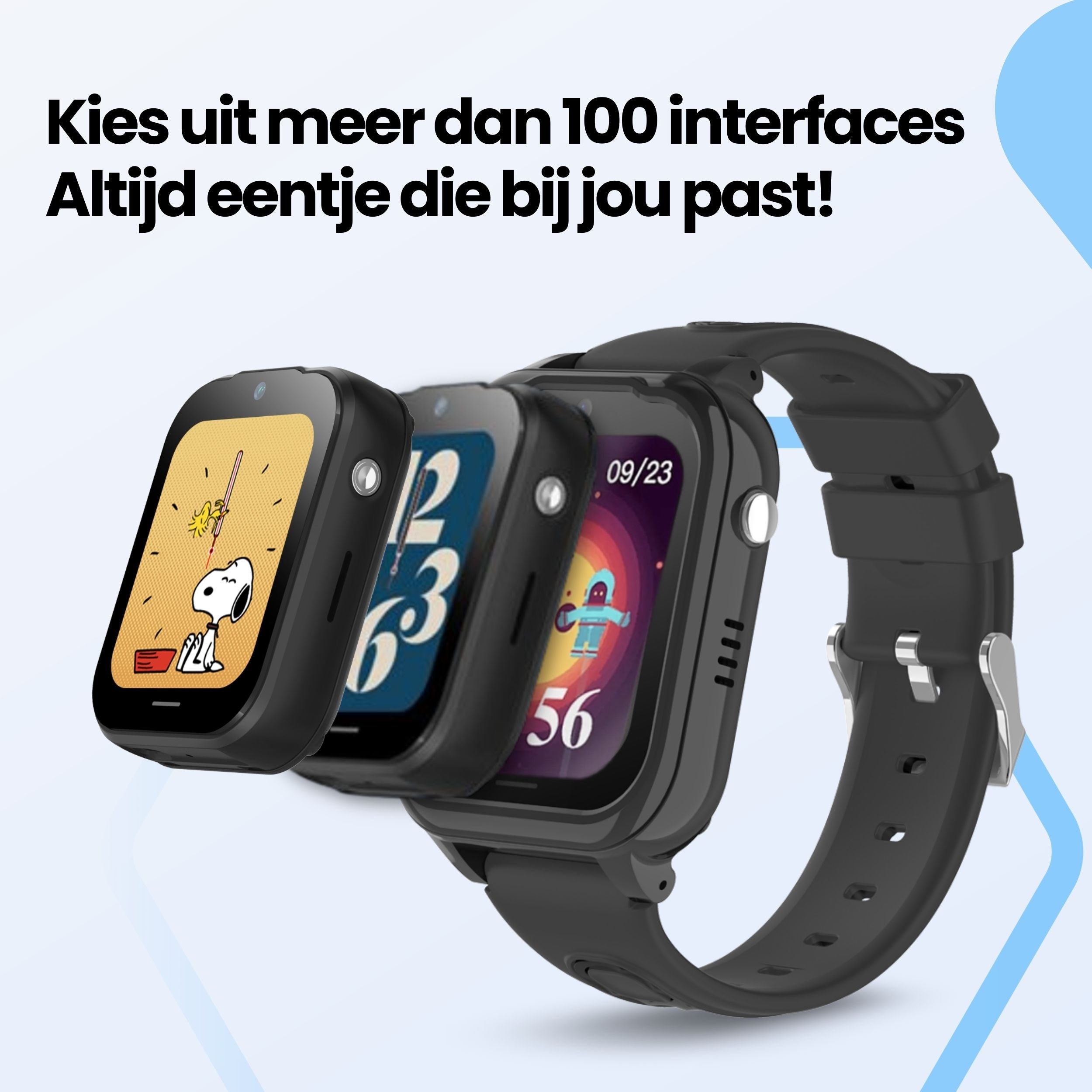 Three black smartwatches with varied watch faces and Snoopy graphics.