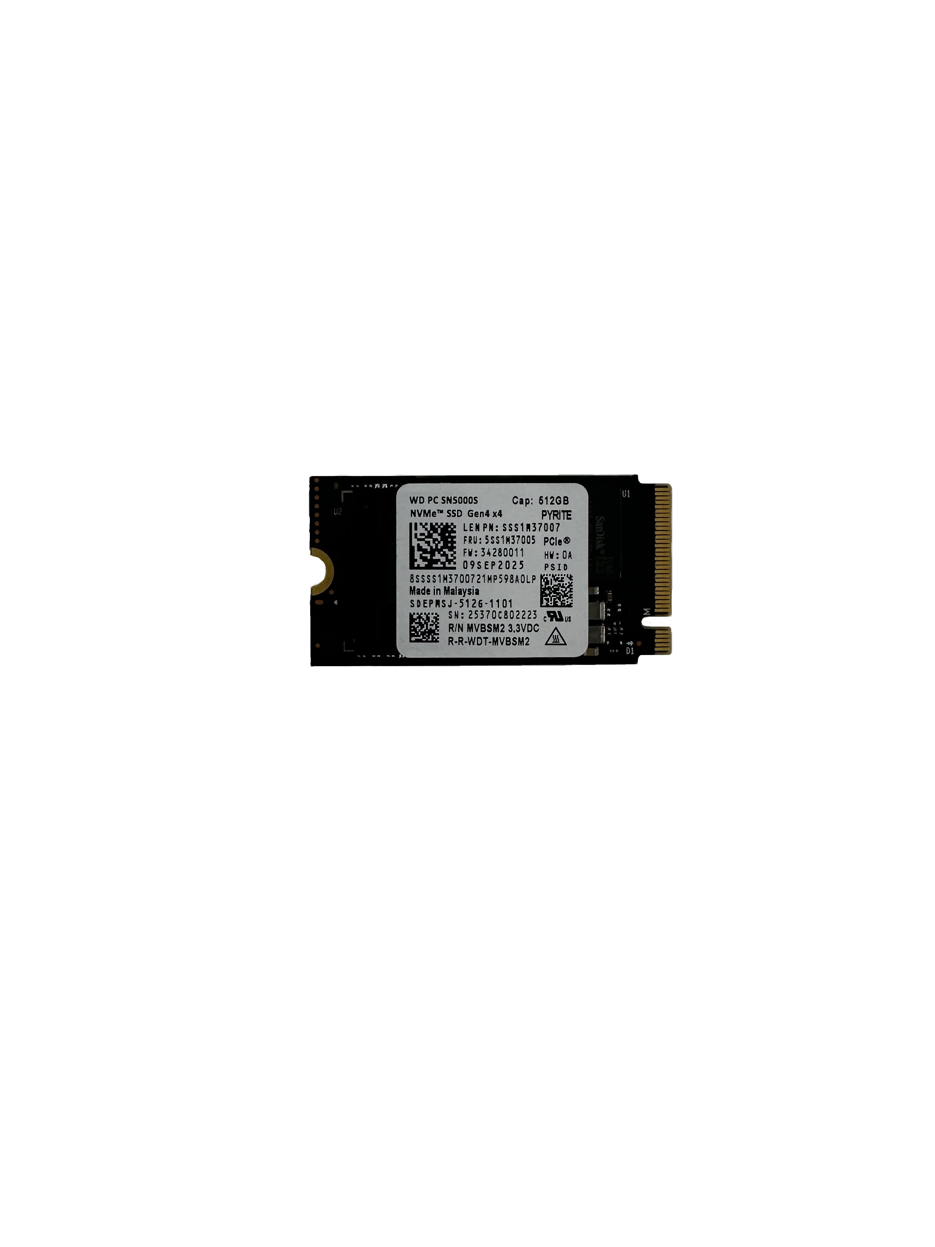 Eine M.2 SSD mit Etikett, Kapazität 512 GB.