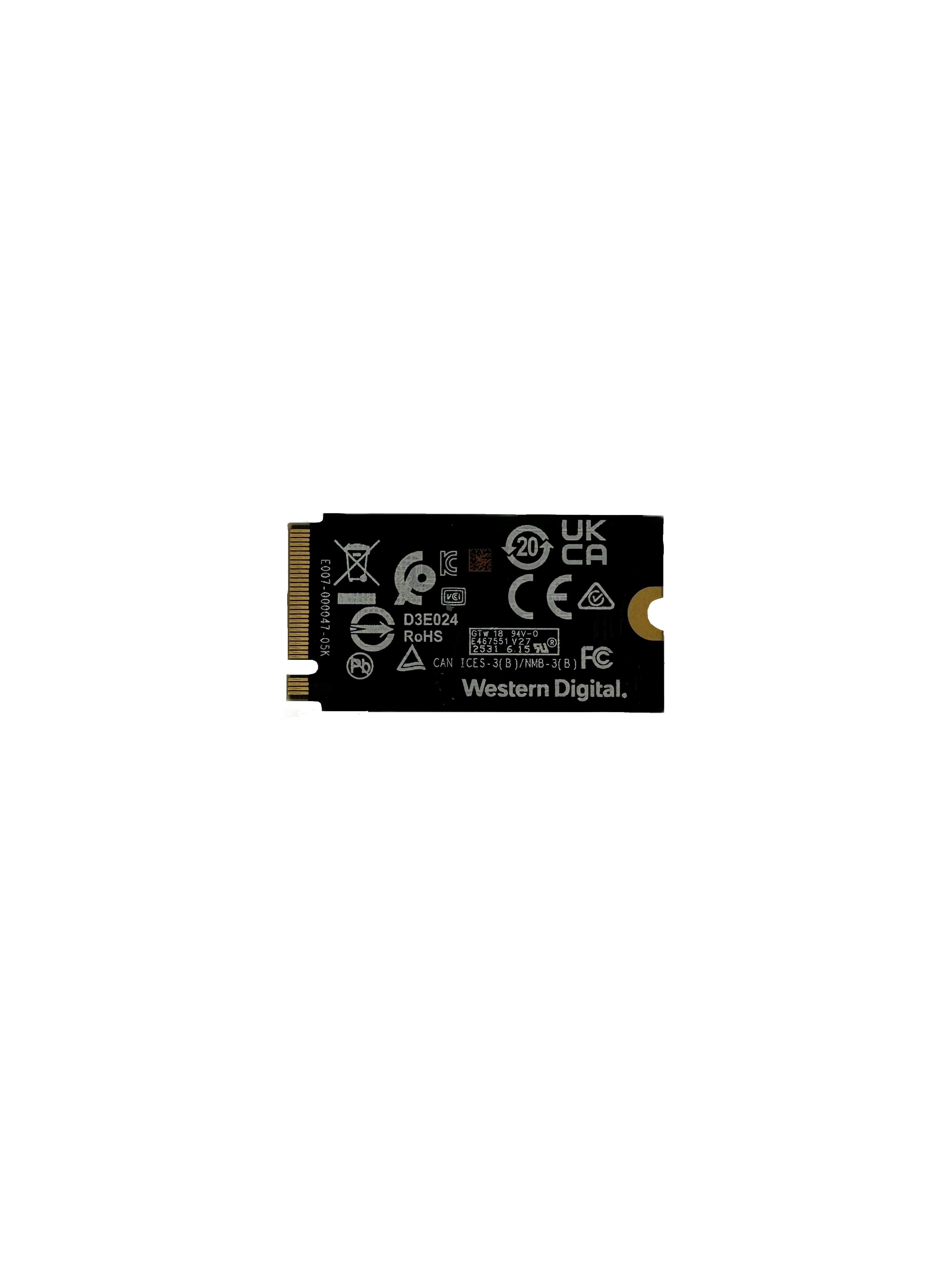Eine Platine mit verschiedenen Zertifizierungsmarkierungen und dem Western Digital-Logo.