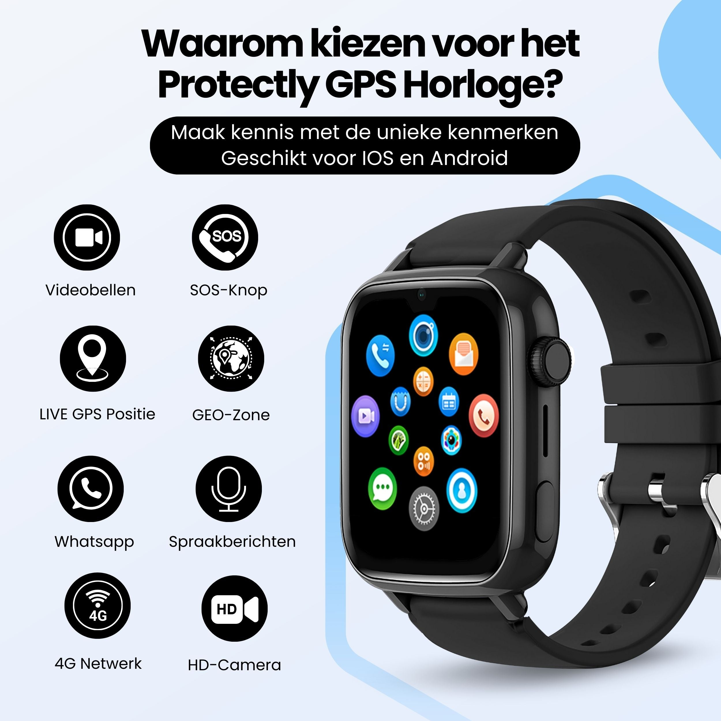 Zwarte smartwatch met apps: videobellen, SOS, GPS, WhatsApp, 4G.