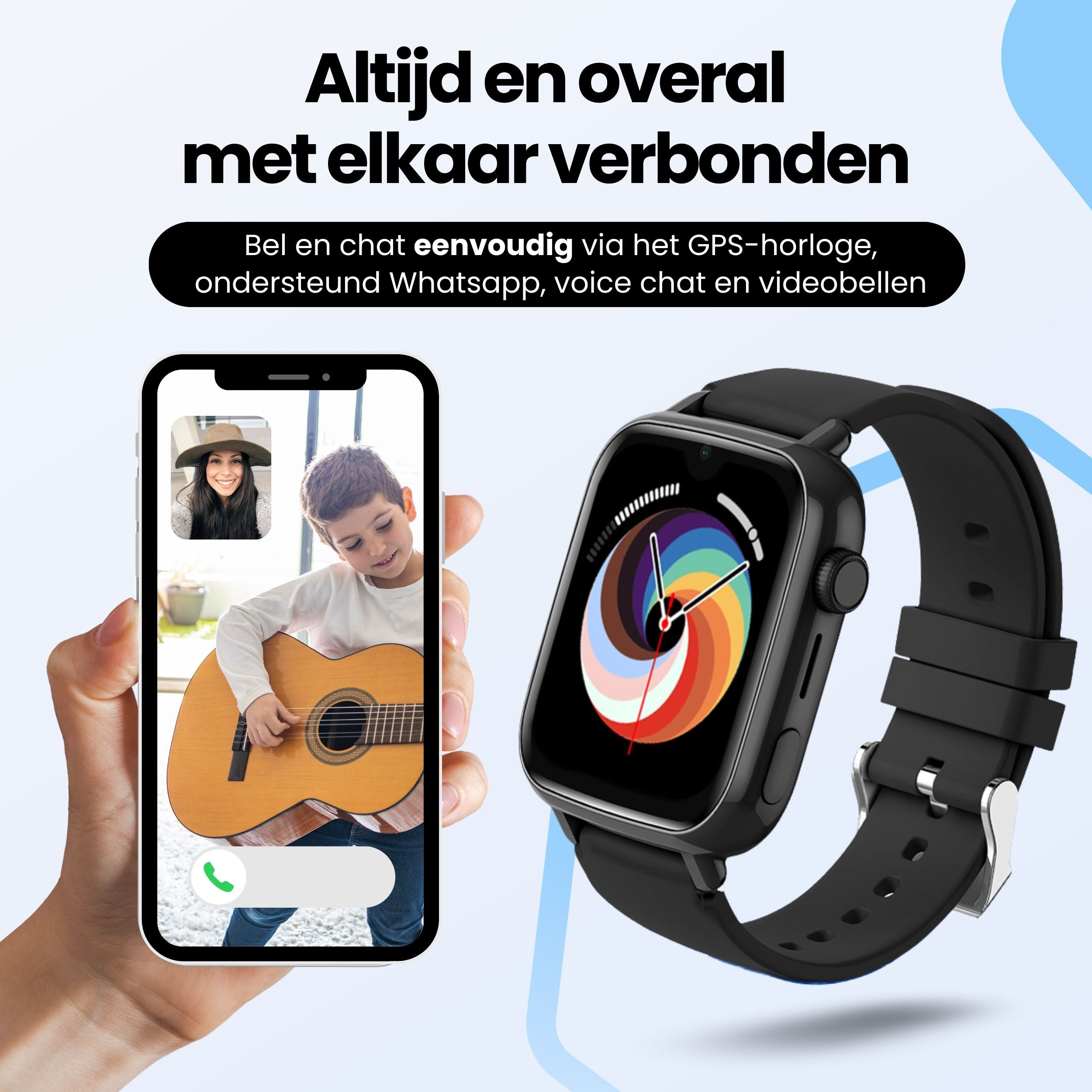 Een smartphone toont een kind dat gitaar speelt, naast een zwarte smartwatch met kleurrijk wijzerplaat.