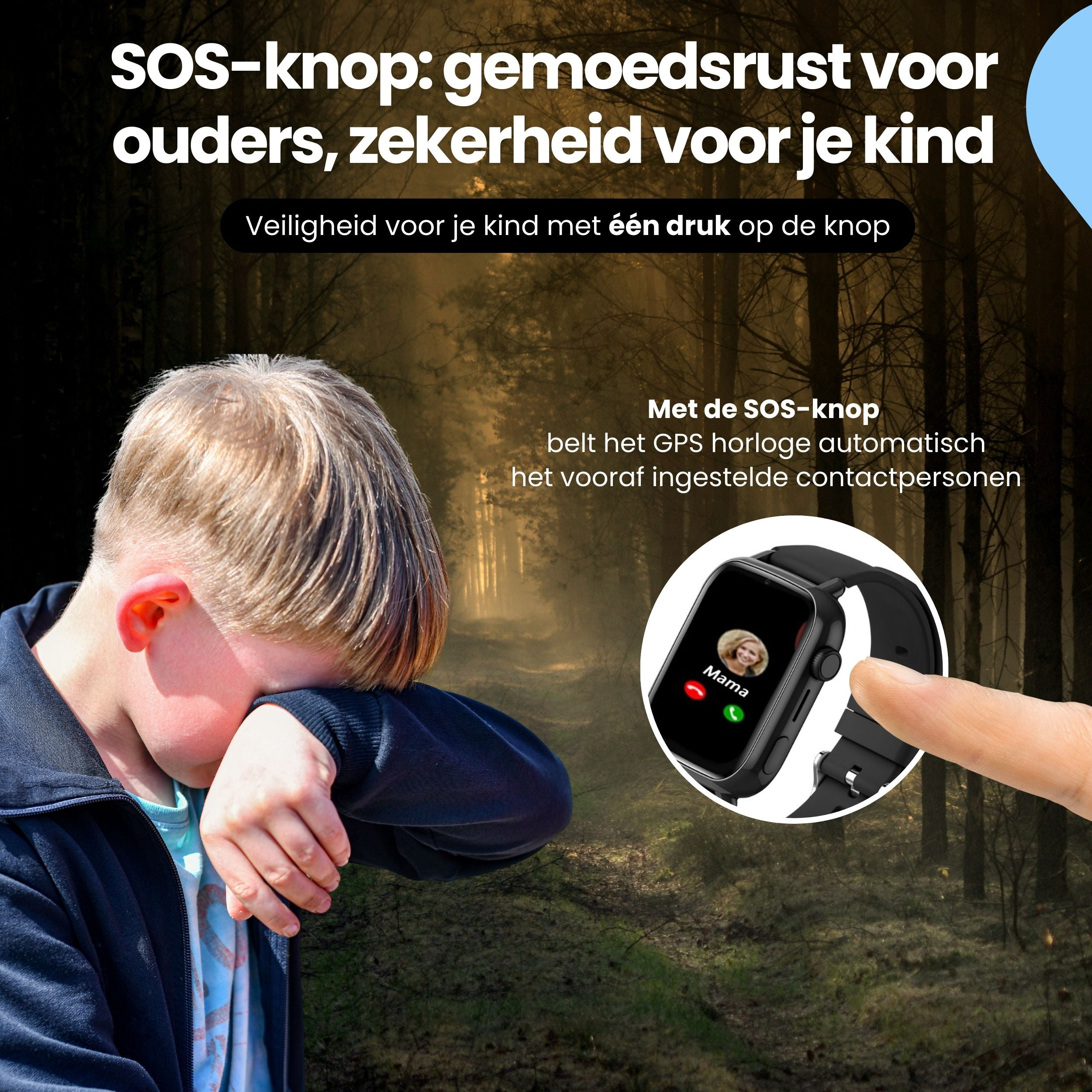 Een kind huilt terwijl een smartwatch met SOS-knop in een bos wordt getoond.
