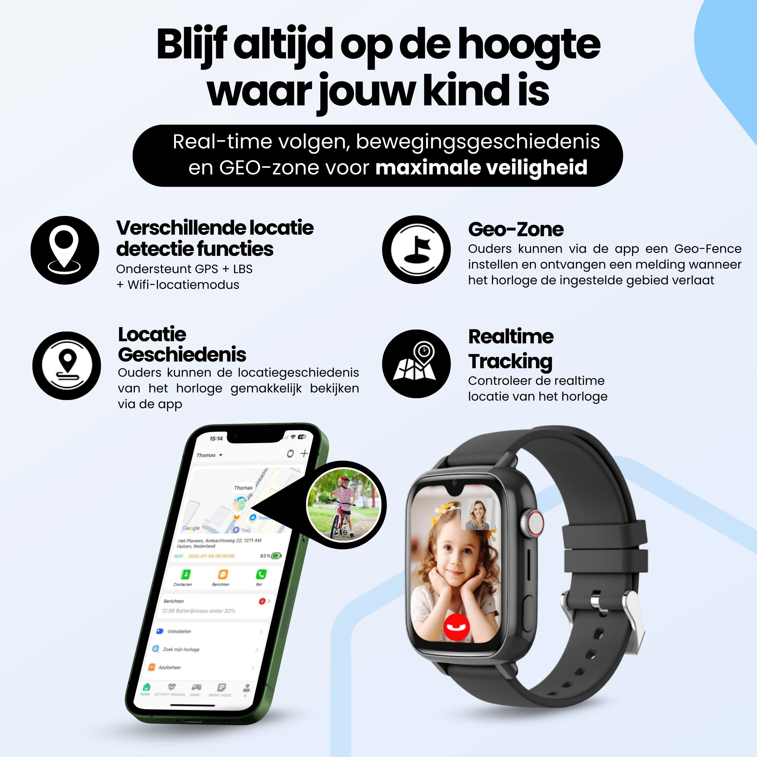 Een smartwatch voor kinderen met appfuncties zoals realtime volgen en Geo-Zone.