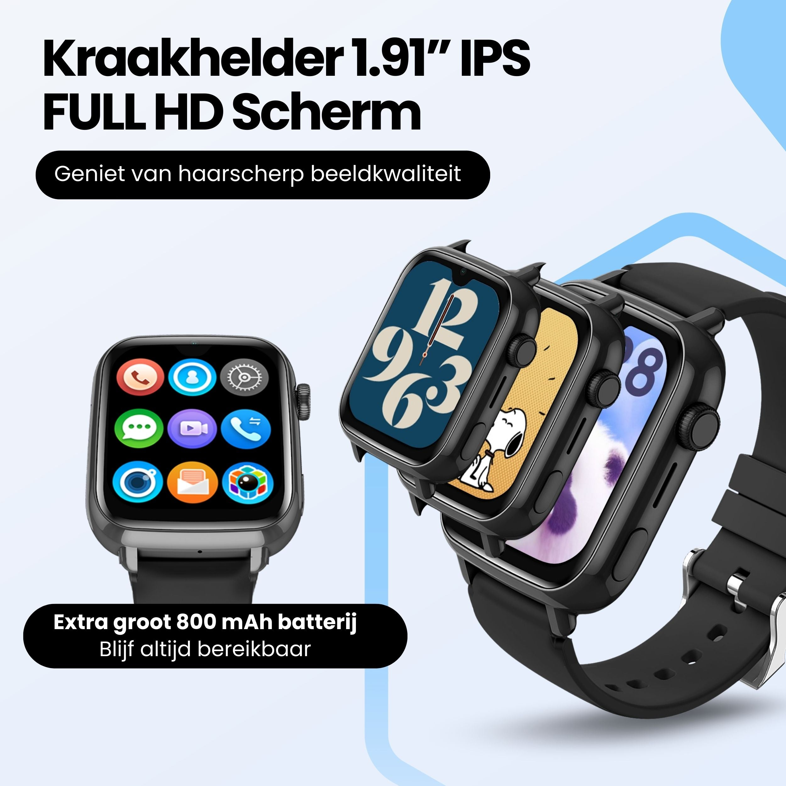 Drie smartwatches met kleurrijke wijzerplaten en iconen. Links een horloge met iconen, rechts drie horloges.