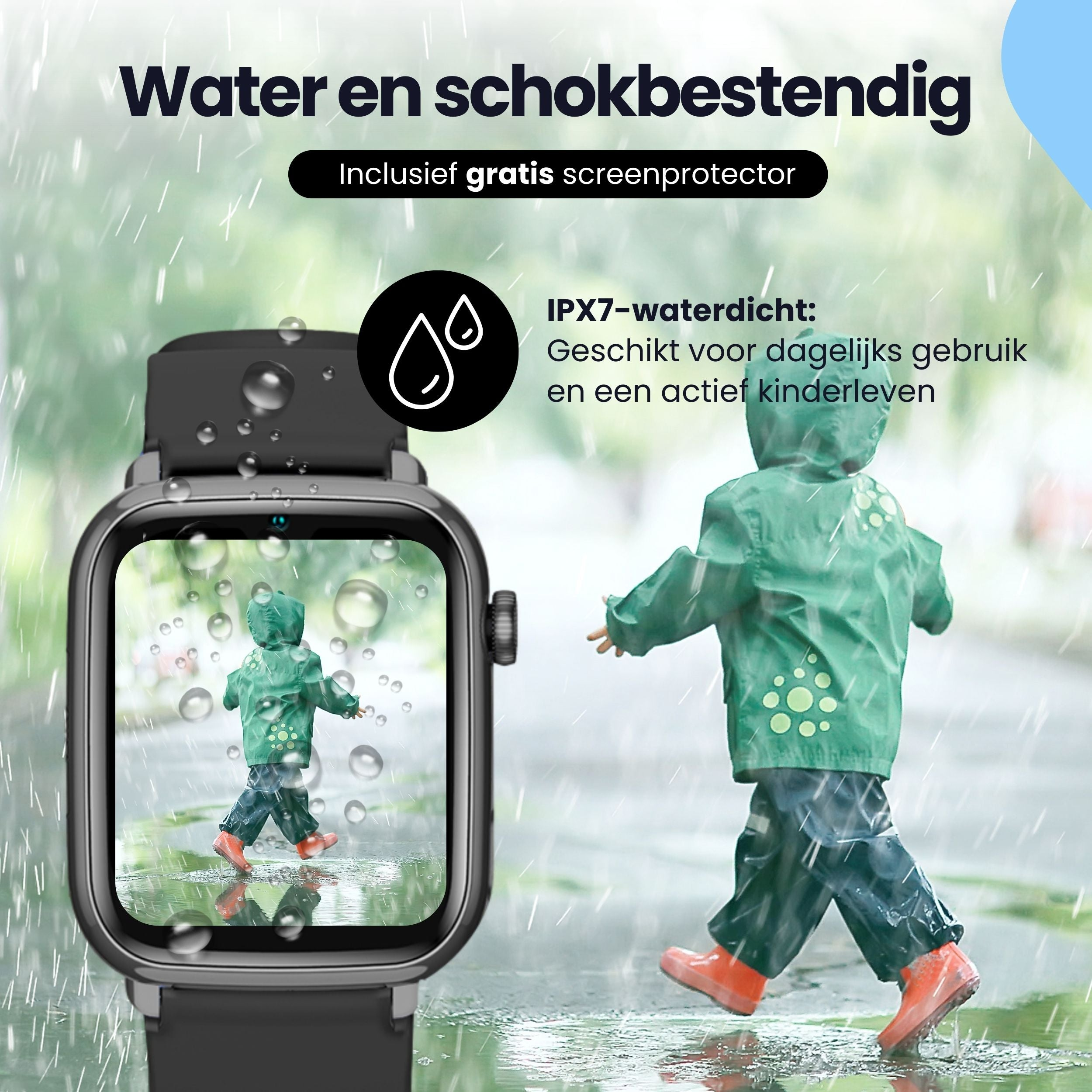 Een kind in groene regenpak loopt in de regen. Een smartwatch toont de scène.