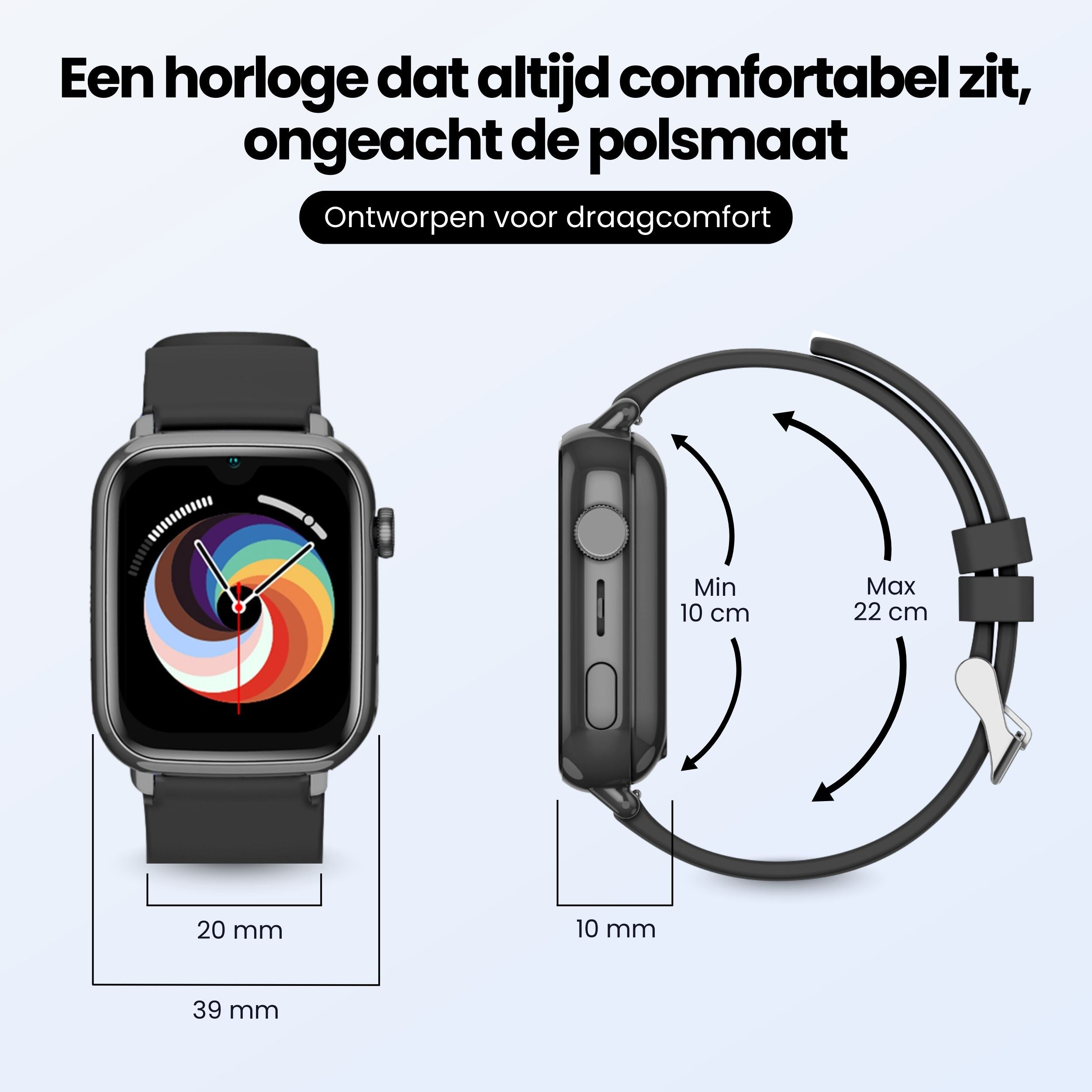 Een zwarte smartwatch met kleurrijk display en maatmetingen.