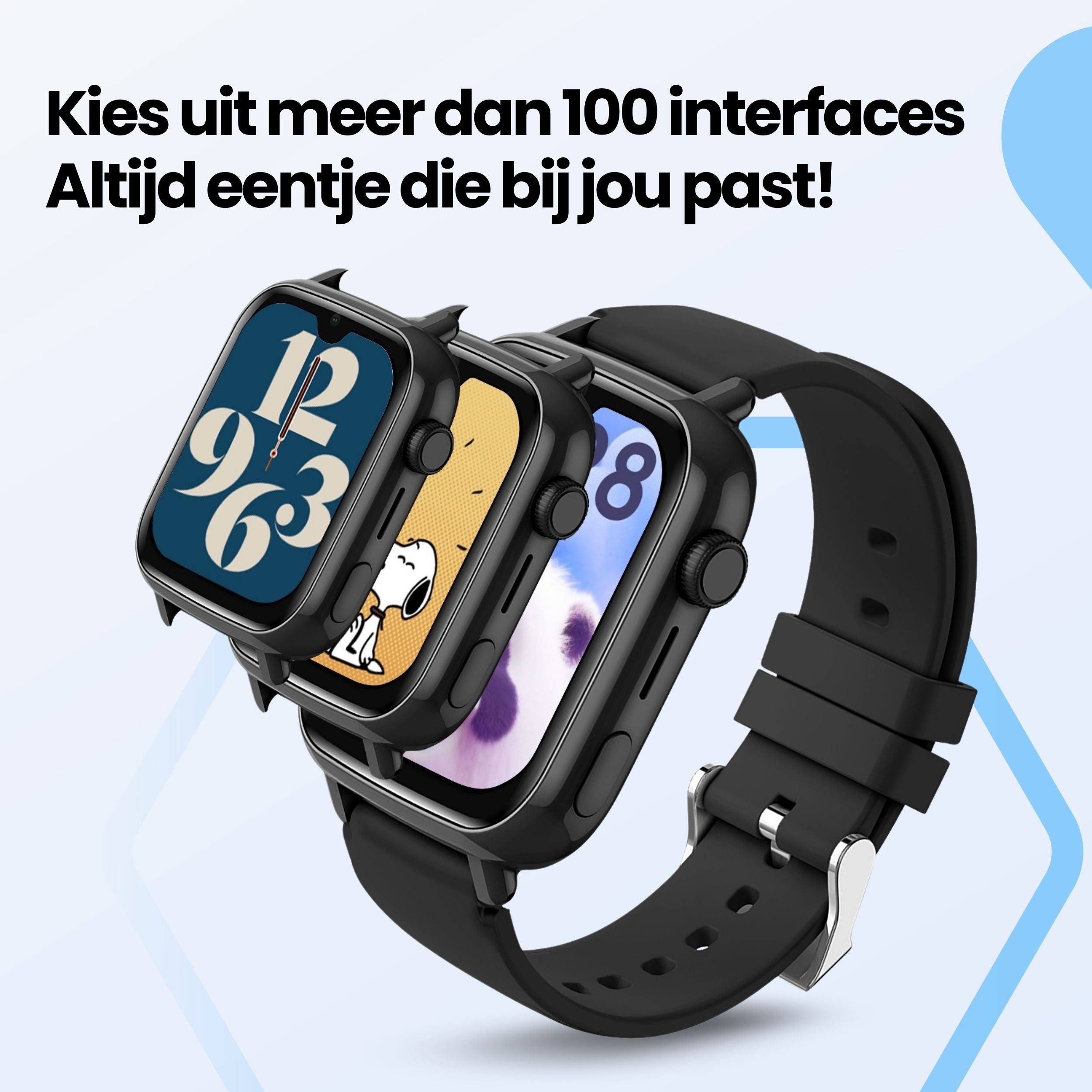 Drie smartwatches met verschillende wijzerplaten op zwarte banden.