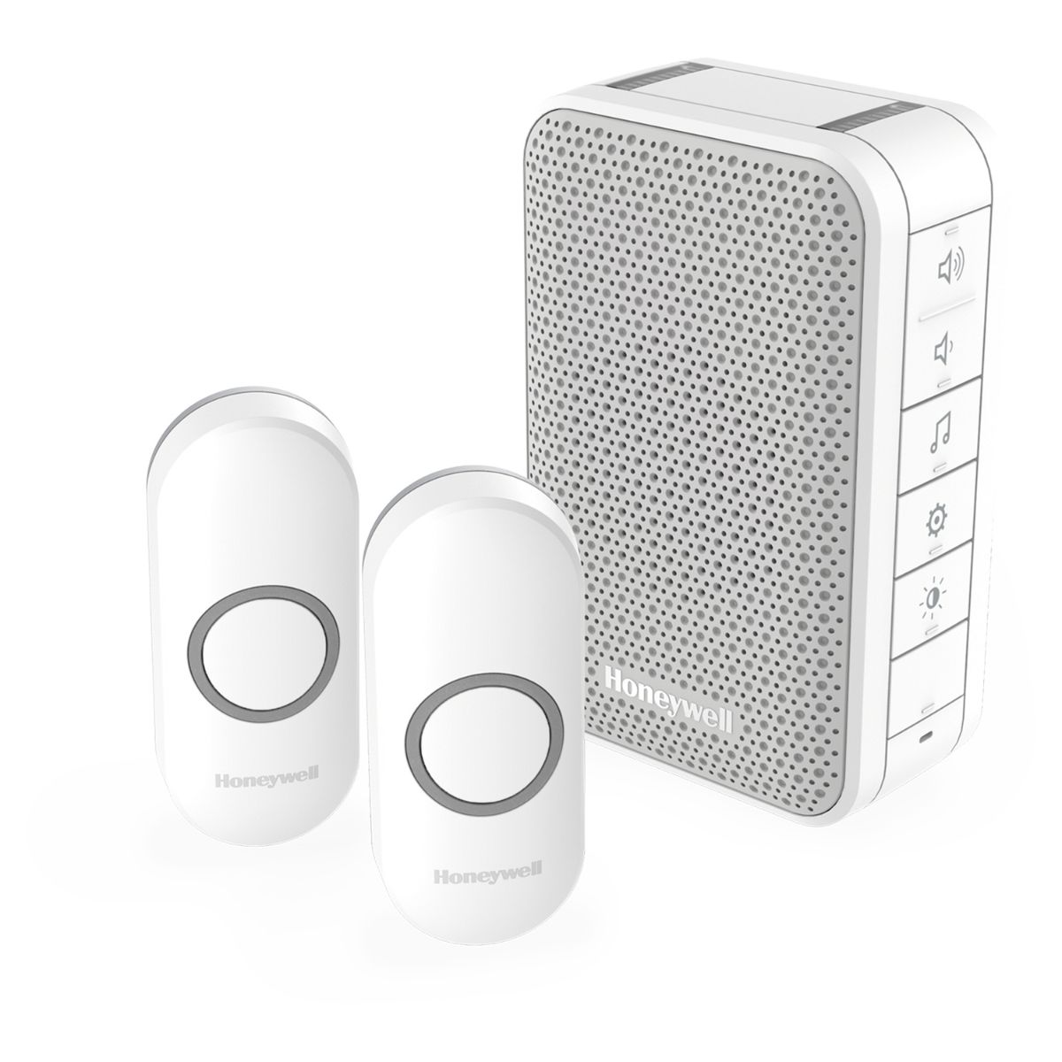Une sonnette sans fil blanche avec deux boutons poussoirs. La sonnette a un bouton de volume.