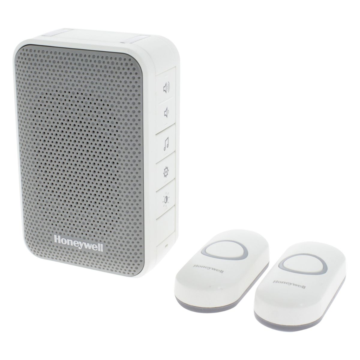 Une sonnette Honeywell blanche avec deux boutons de sonnette blancs.