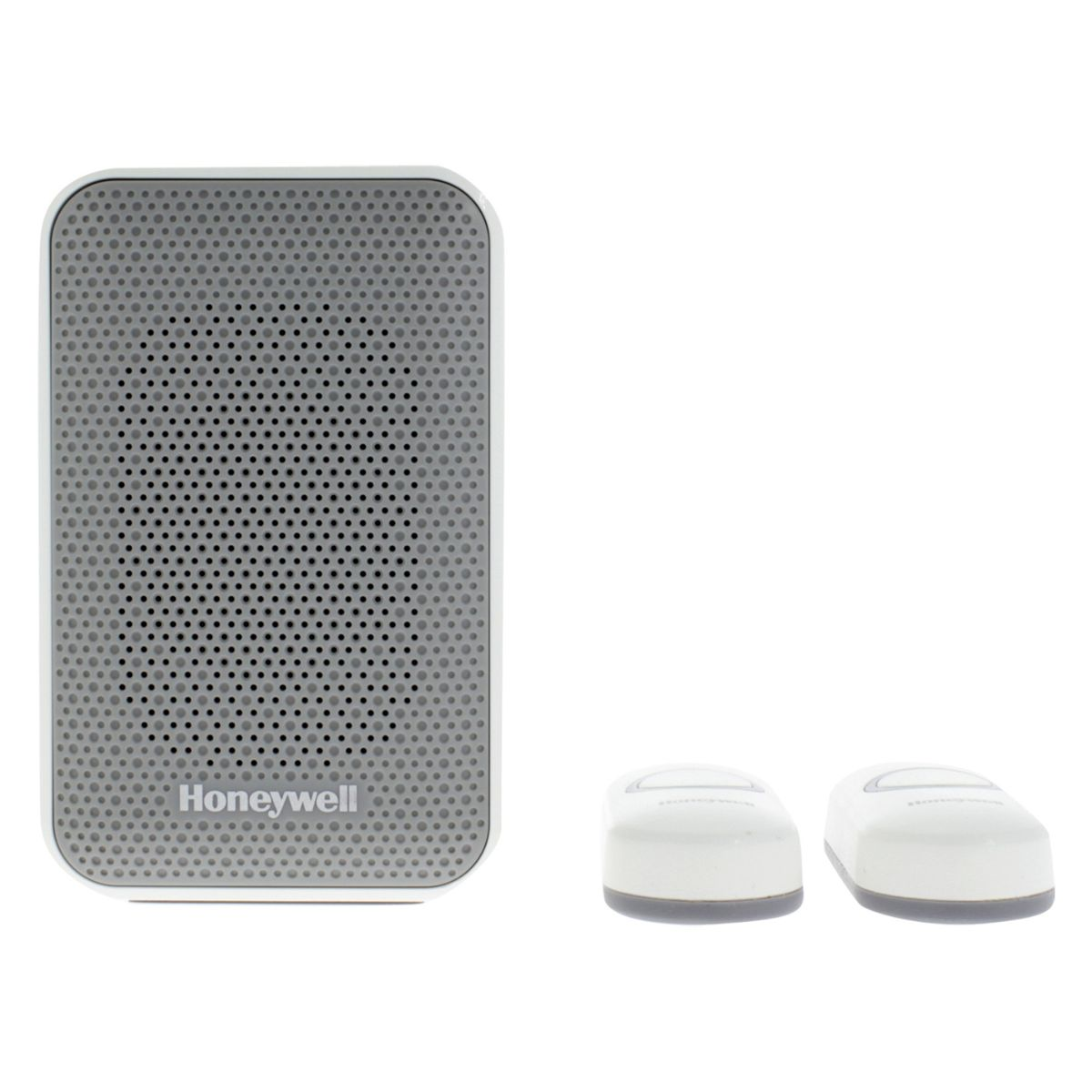 Un appareil Honeywell gris avec grille de haut-parleur et deux capteurs blancs à côté.