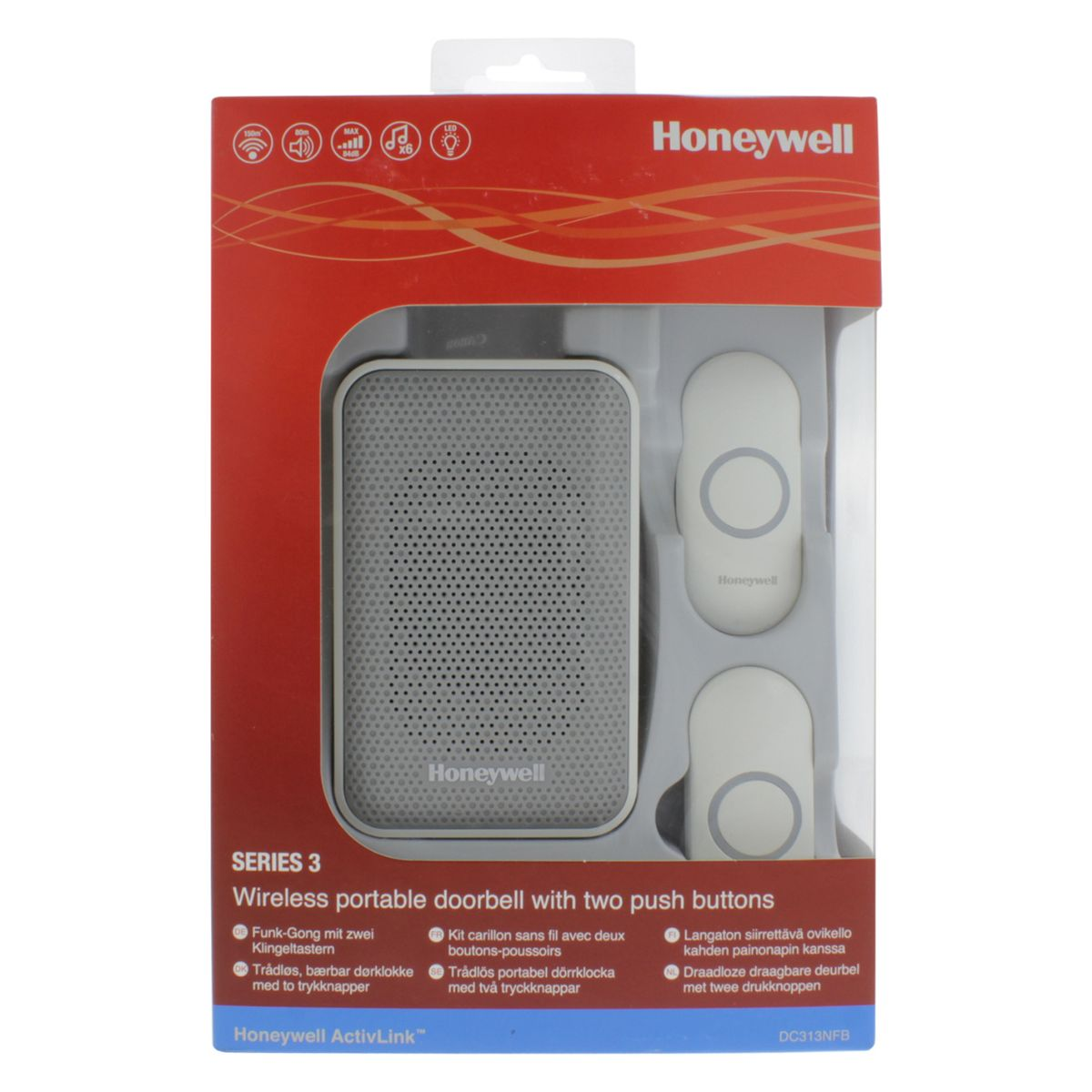 Sonnette sans fil Honeywell avec deux boutons et un récepteur.
